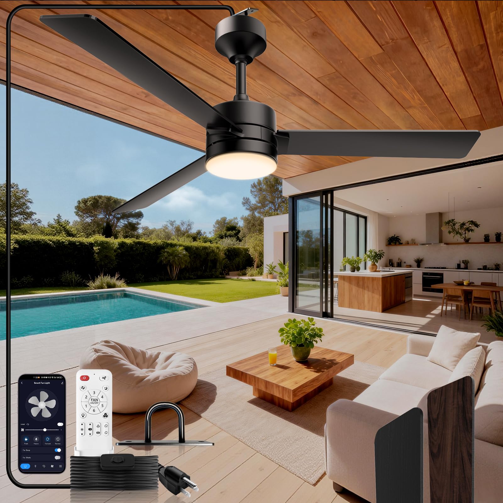 Lbsored Outdoor Ceiling Fans with Lights,52 Inch Gazebo Hanging Fan with Hook,Plug in Ceiling Fan Light with Remote Control 6-Speeds DC Motor,3000-
