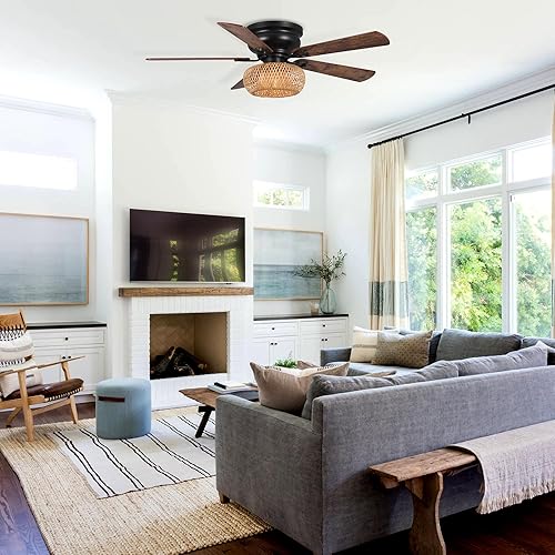 Miniatura 9 de Parrot Uncle Ventiladores de techo de perfil bajo con luces y control remoto, ventilador de techo negro de montaje empotrado para dormitorio,