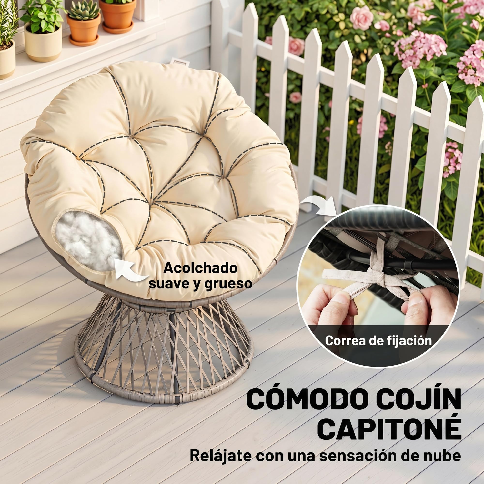 Outsunny Sillón Papasan Giratorio 360° de Ratán Sintético Silla Ovalada de Mimbre PE con Cojín y Marco de Acero Carga 160 kg para Jardín Patio Terraza 87x97x86 cm Gris y Crema