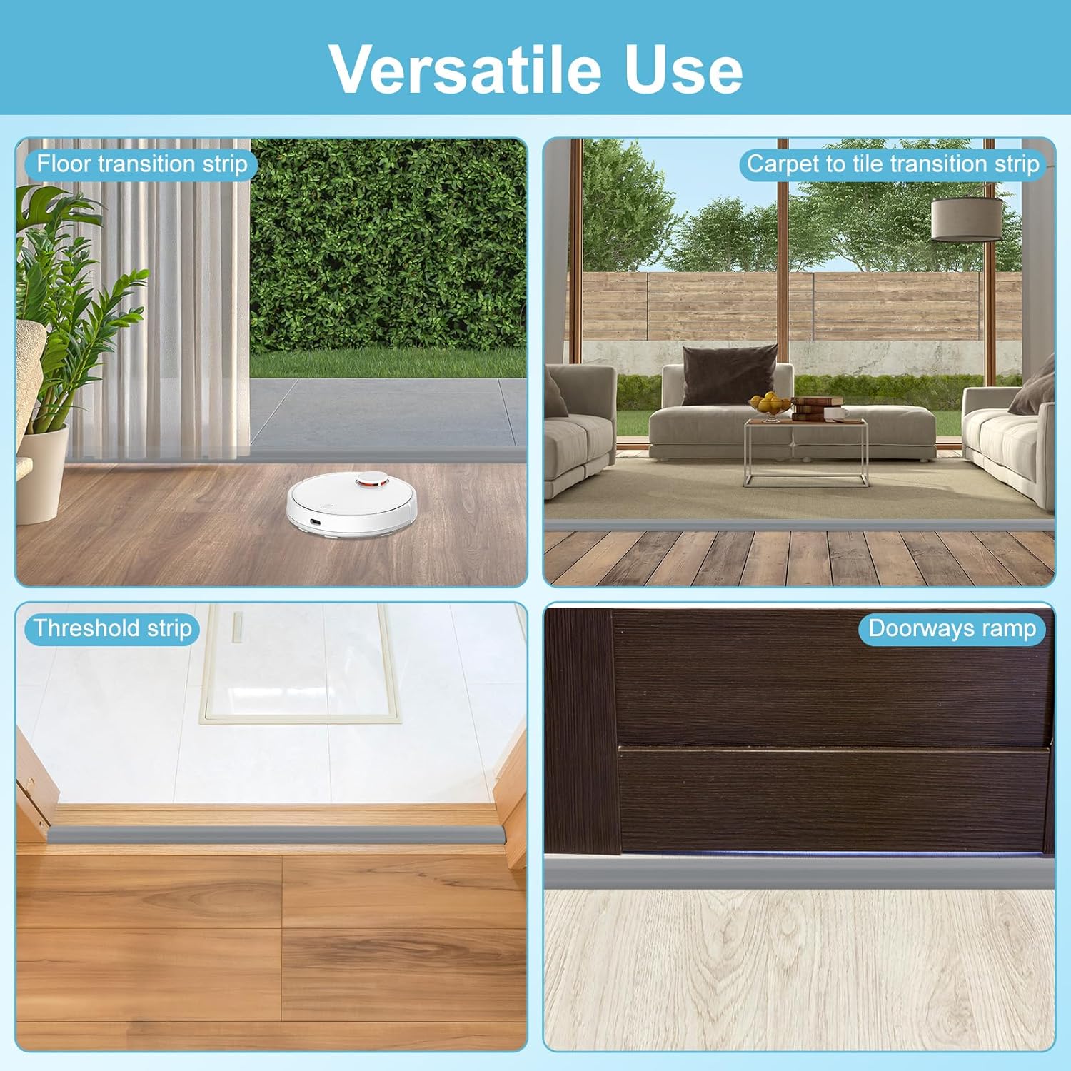 Carpet to Tile Transition Strip, Vinyl Floor Transition Strip Self Adhesive for Door Threshold Height Within 0.39", Carpet Edge Trim, Waterproof Transitions Strips for Doorways Floor, Grey