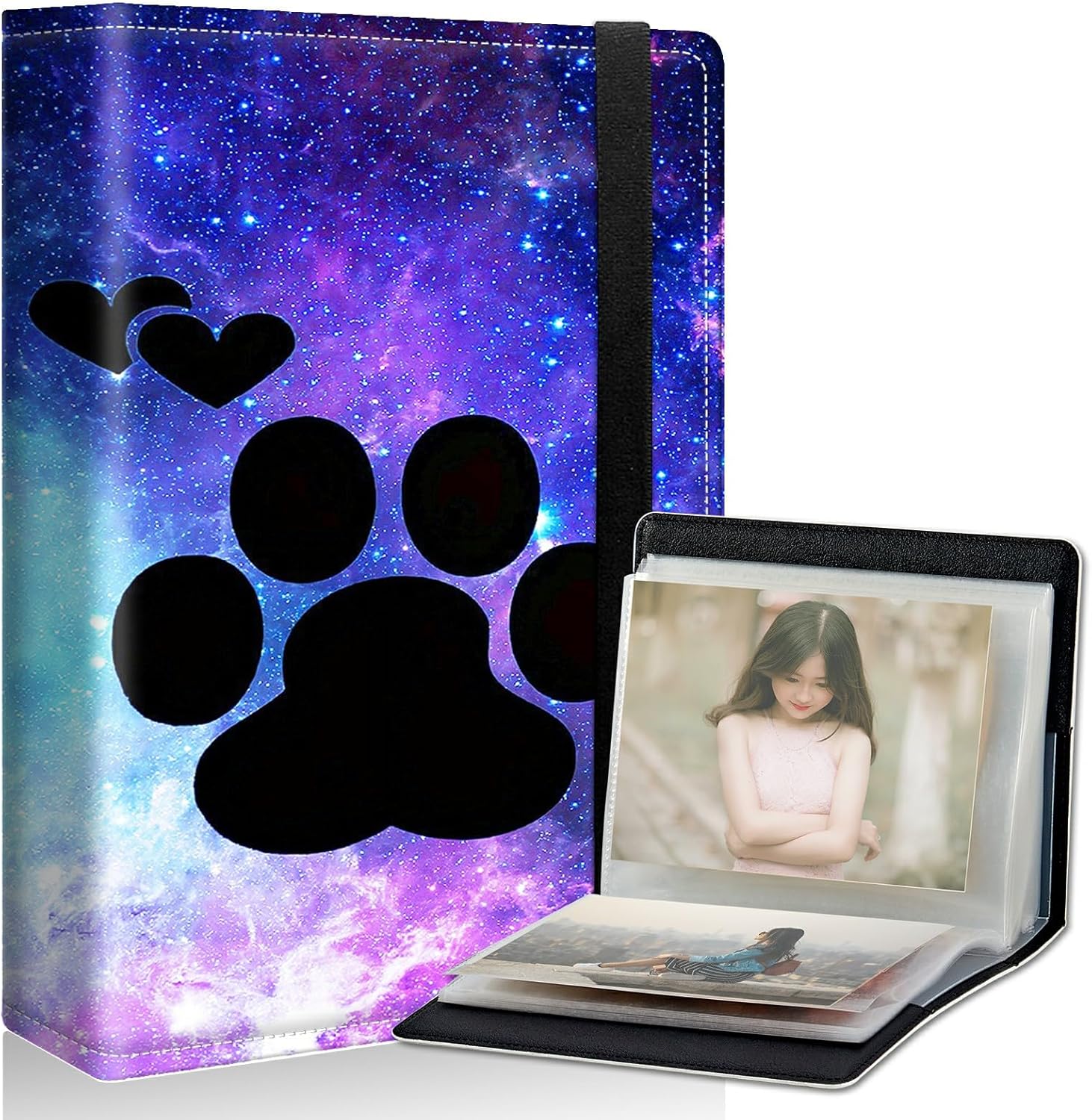 Dog Paw Print Small Photo Album 4x6 inch PU Leather Cover Photo Albums with Elastic Band 120 Photos Inner Transparent Pockets Design for Family Anniversary Wedding Baby Pets