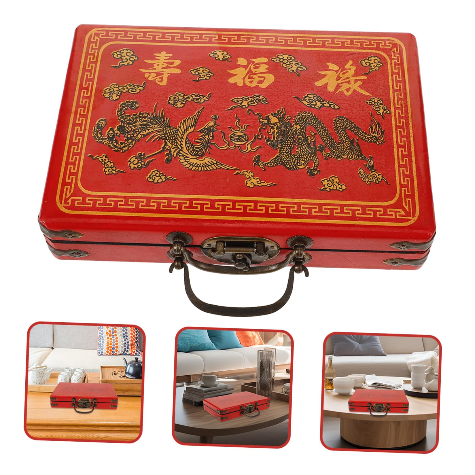 STOBAZA 3 Pièces Boîte de Mahjong Chinois en Panneau de Densité Rouge