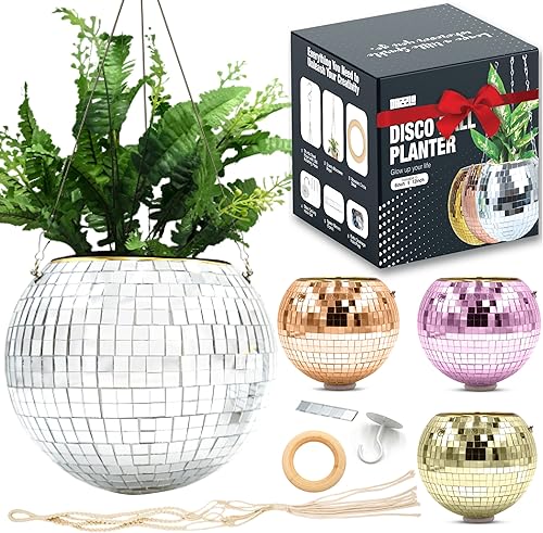 Maceta colgante de bola de discoteca de 6 pulgadas - Maceta de discoteca con cadena, cuerda, soporte y espejos de repuesto - Decoración de bola de