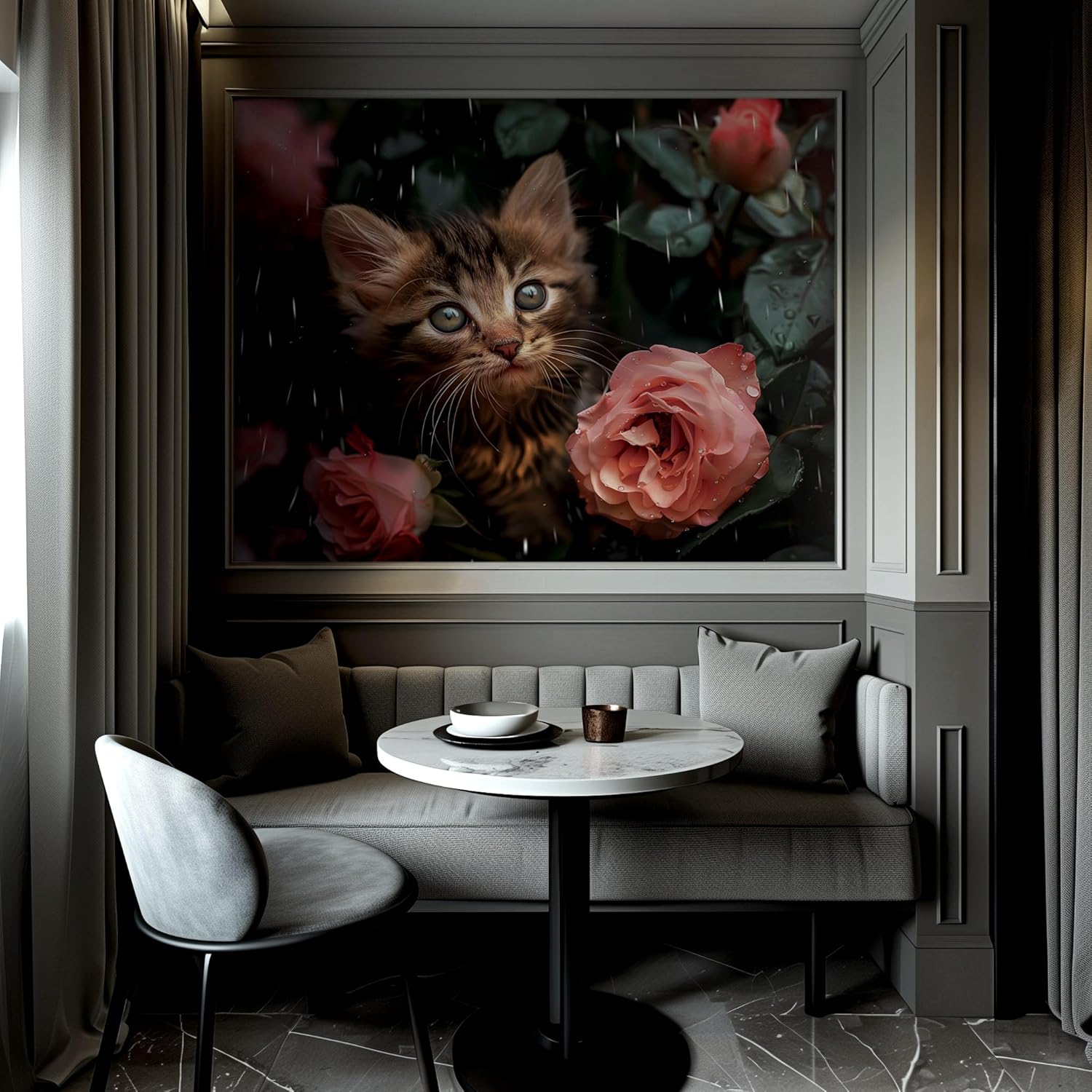 AMUGISH Cat with Roses Wall Mural Wallpaper | Peel and Stick | Adorable Scene for Living Room, Bedroom, Kitchen, Nursery - 84''W x 61''H Peel and Stick