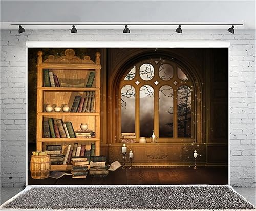 Miniatura 2 de AOFOTO Fondo de fotografía de habitación mágica vintage de 8 x 6 pies, fondo retro para biblioteca, estantería, ventana, libro, vela, luna, noche,