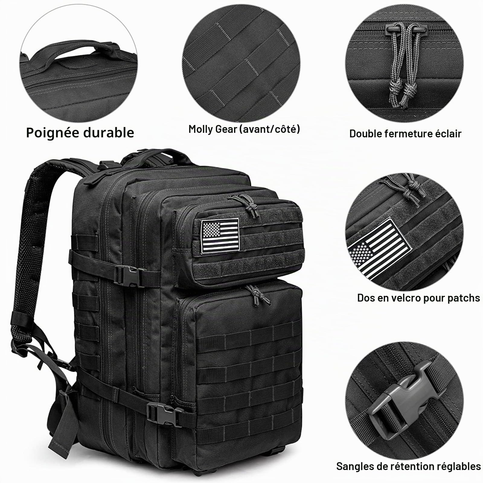 G4Free Sac à dos Molle de 40 L - Grand sac à dos Molle - Sac à dos à bandoulière - Pour randonnée, camping, trekking, chasse