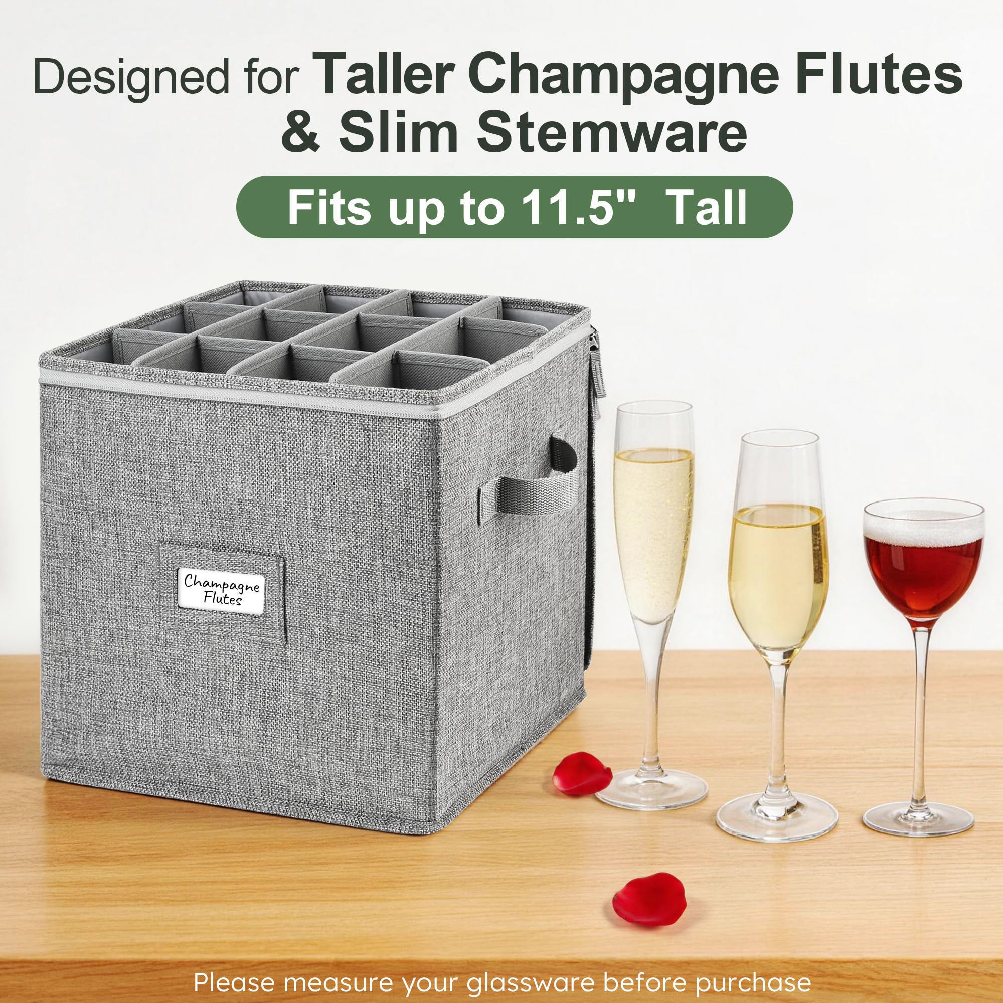 LotFancy Boîte de rangement empilable pour flûte à champagne, verres à pied avec séparateurs et poignées, verre à vin, verres en cristal, étui pour déménagement, gris