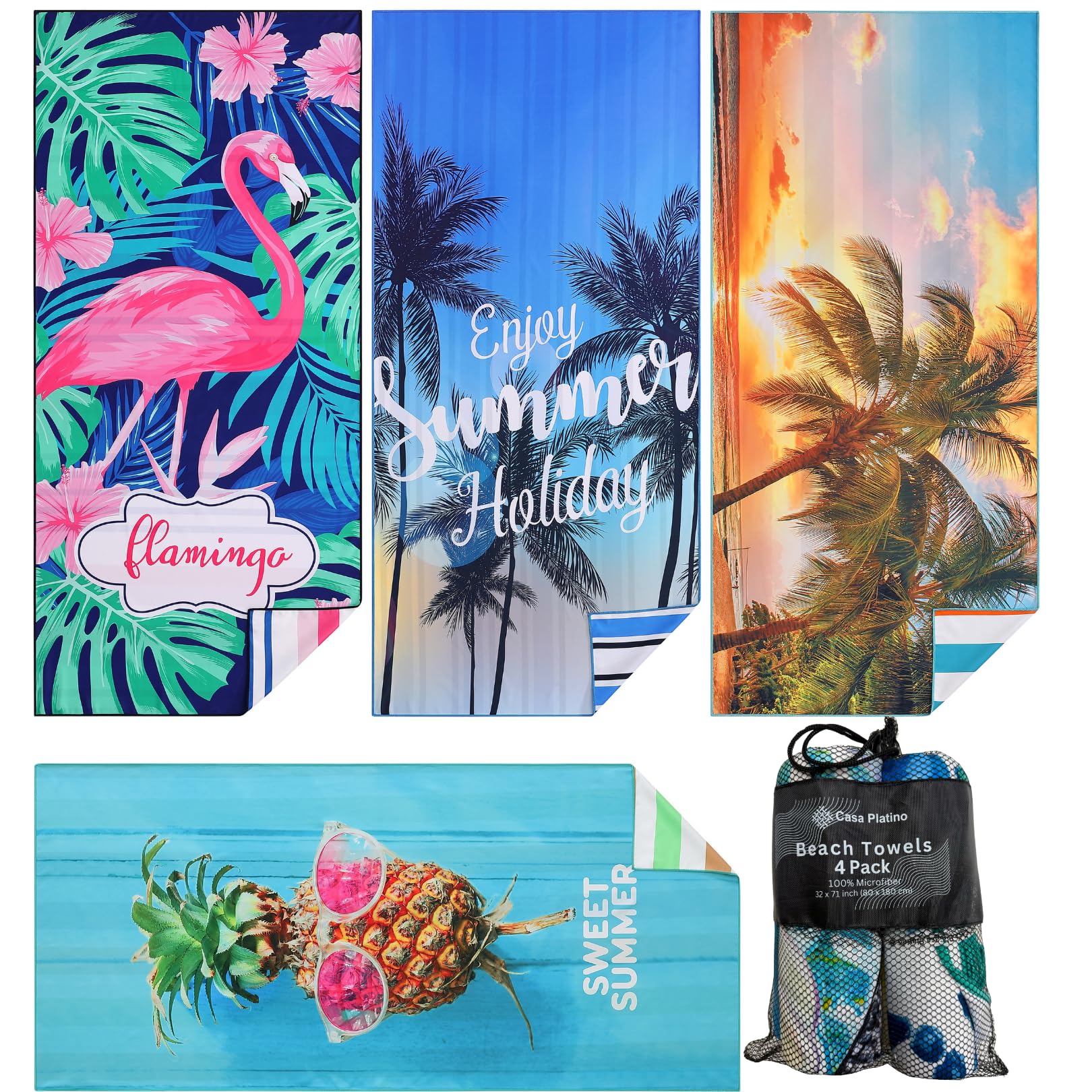 Beach Towels 4-Pack Lightweight, Oversized 71"x32" Sand-Free & Quick-Dry – Double-Sided Printed Pool, Swim & Travel Towels for Adults, Camping & Vacation Accessories – Cerros