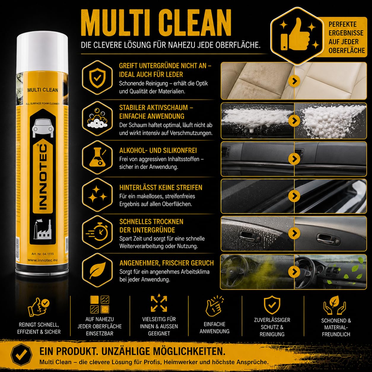 2 Stück Innotec Multi Clean - Universal Schaumreiniger 600 ml Lederreinigung Polsterreinigung Autositzreinigung Innenraumpflege - Aktivschaum für nahezu allen Flächen - Reinigt schnell, effizient