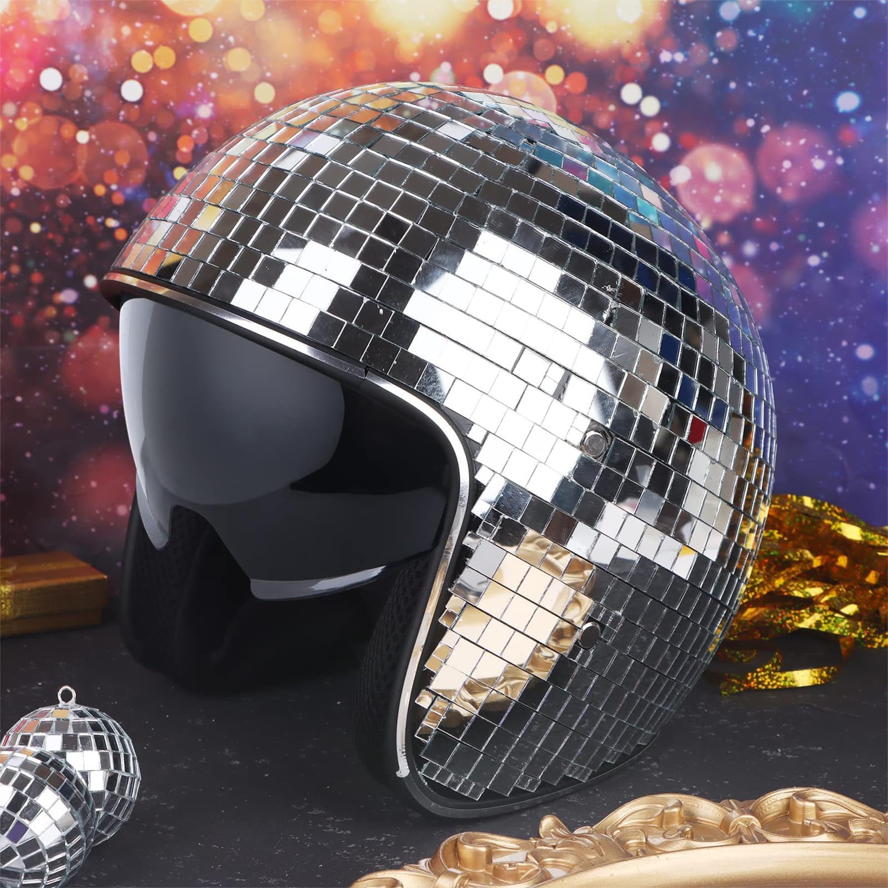 Casque boule disco, chapeau de boule discothèque, casque de boule à paillettes, casque décoratif avec visière rétractable, chapeau de casque de fête disco pour DJ club, scène, fête, mariage, vacances