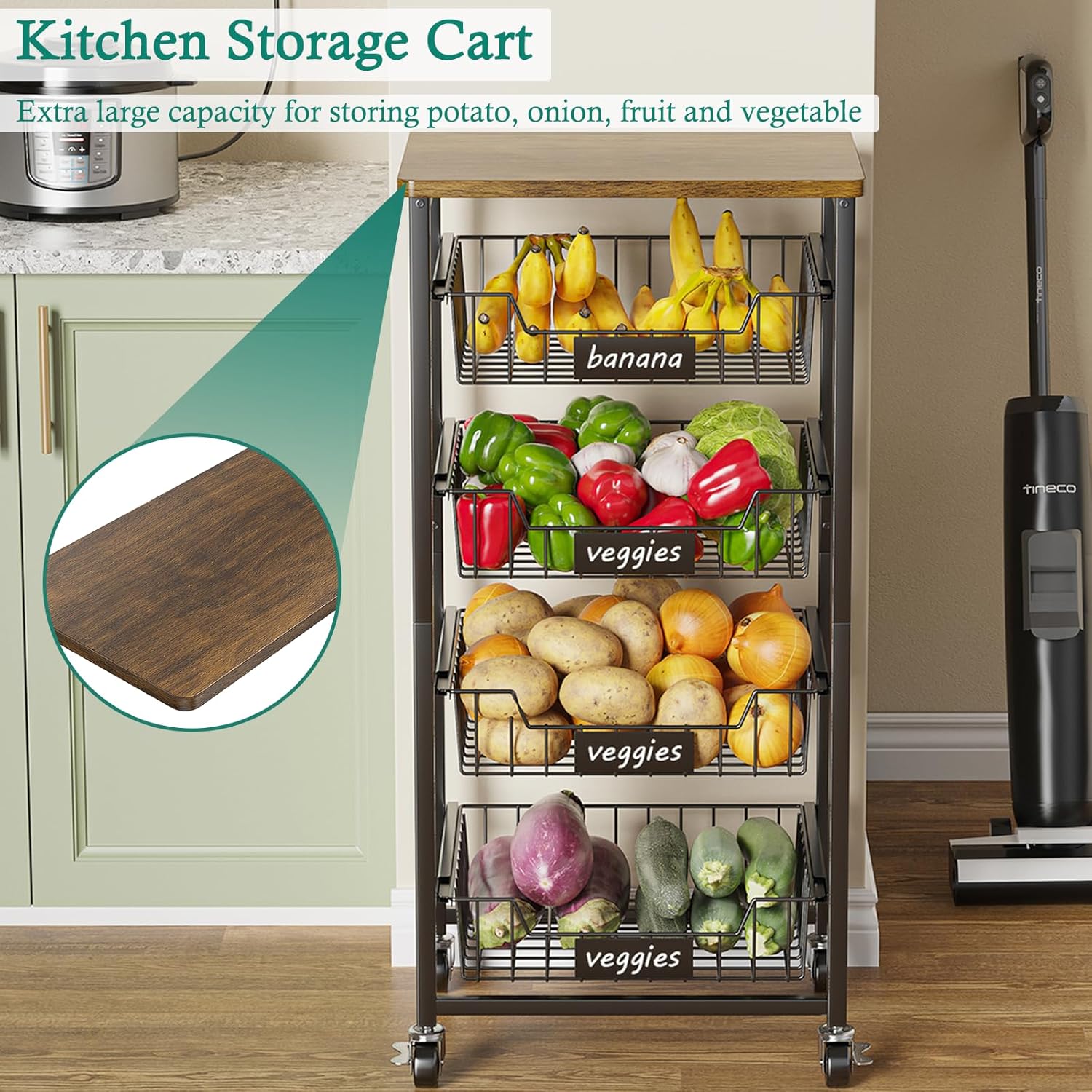 Kitchen Storage Cart with Wheels, 5-Tier Metal Utility Rolling Cart Fruit Vegetable Storage Basket Pantry Rack with Wood Top & Pull Out Baskets for Kitchen, Livingroom, Diningroom, Office - Image 2