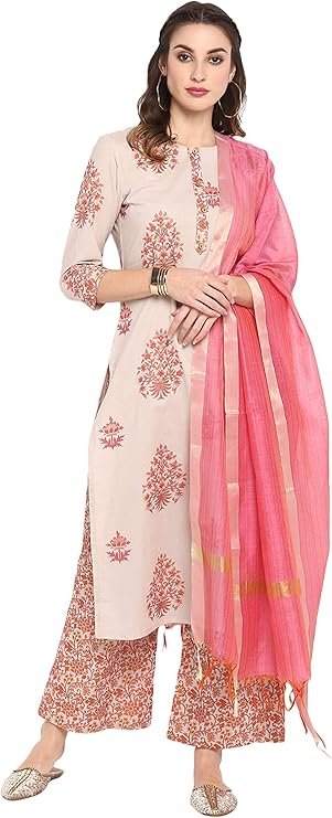 Janasya Women&#39;s Beige Block Print Kurta with Palazzo and Dupatta