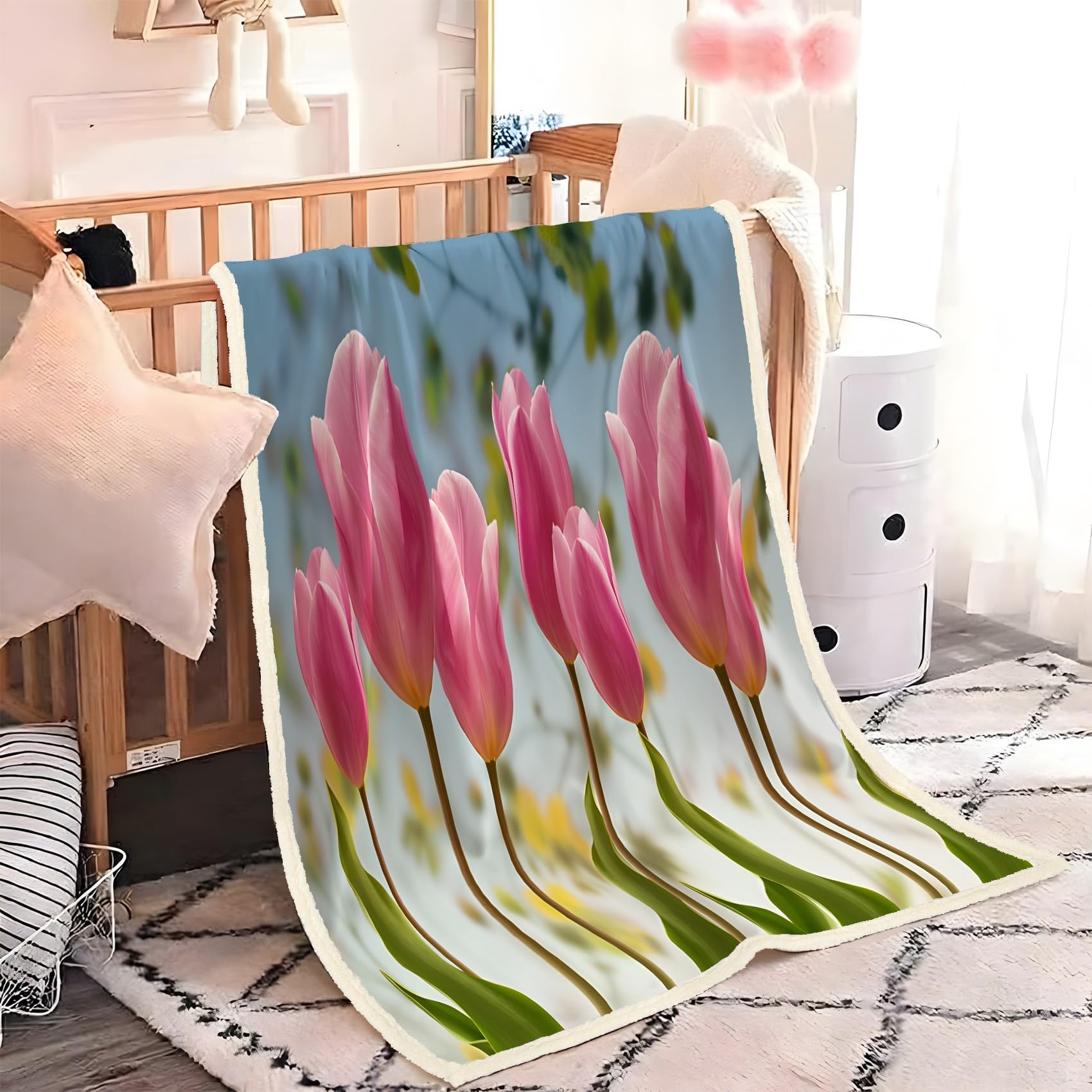Rosa Tulpe Fleecedecke 130x150 cm – Extra dick & kuschelweich, Flowers Flauschige Decke für Einzelbett, Sofa & Wohnzimmer, Überwurf
