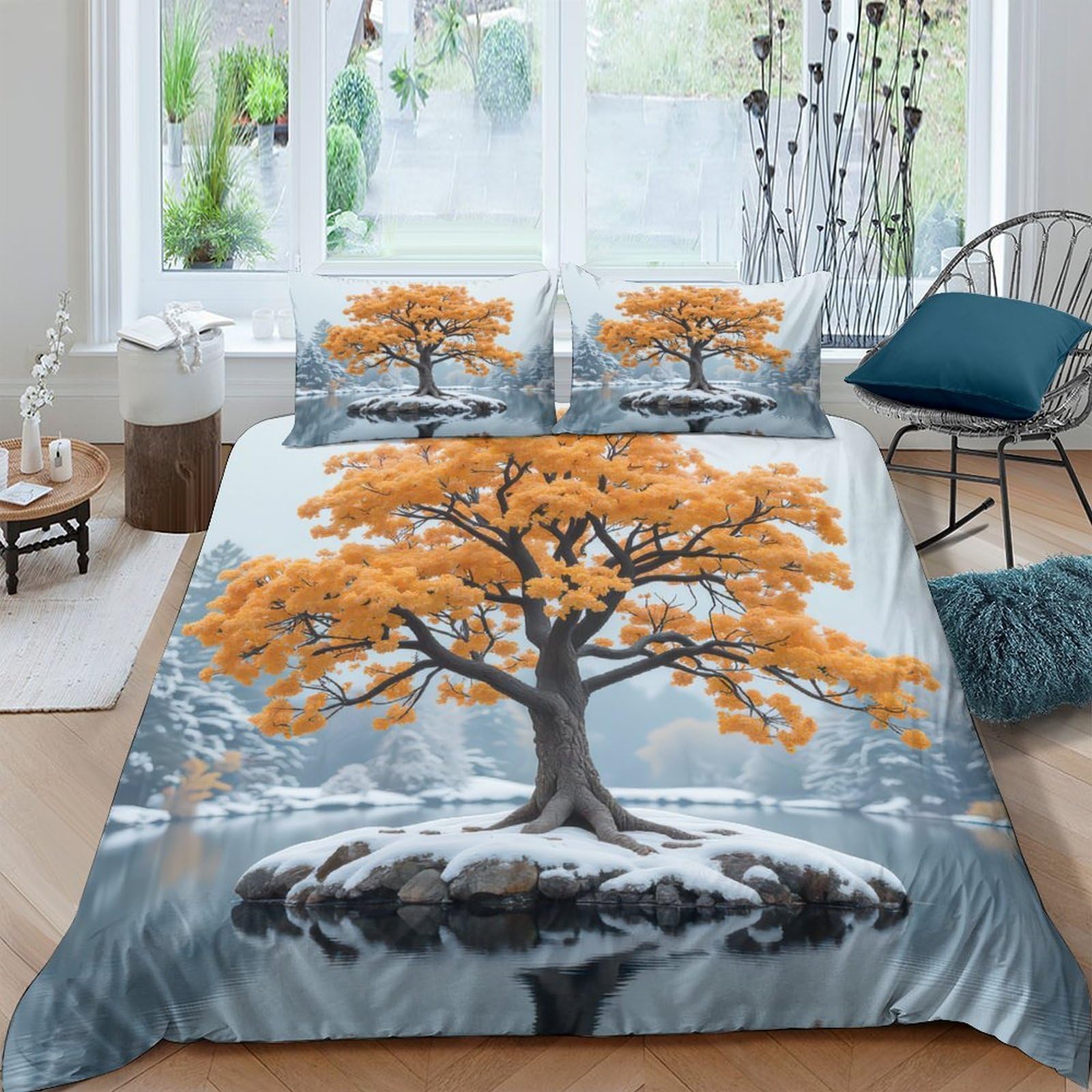 Ctjqhvkz Style-7 3D Printed Autumn Tree Fitted Sheet Microfiber Soft Anti-Slip Snow Landscape Bed Cover For Bedroom Dorm Mattress Decor Single（135X200cm）