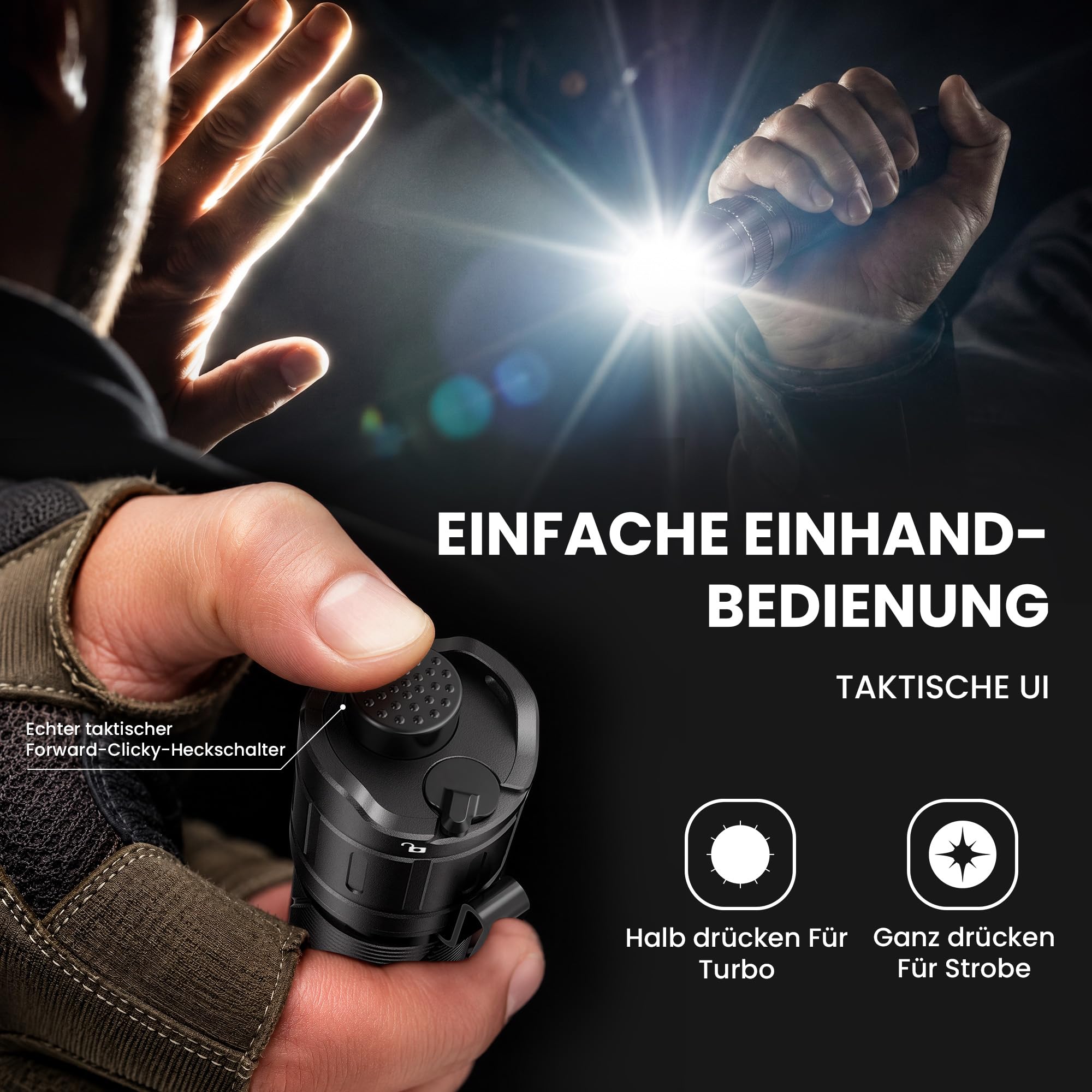 Sofirn SK31 Taktische Taschenlampe LED Aufladbar 6800lm, 395m, IPX8 | 6800 Lumen, 395m Reichweite, 9 Modi, USB-C Aufladbar, IPX8 Wasserdicht, Taktisch, Outdoor, Camping, Selbstverteidigung