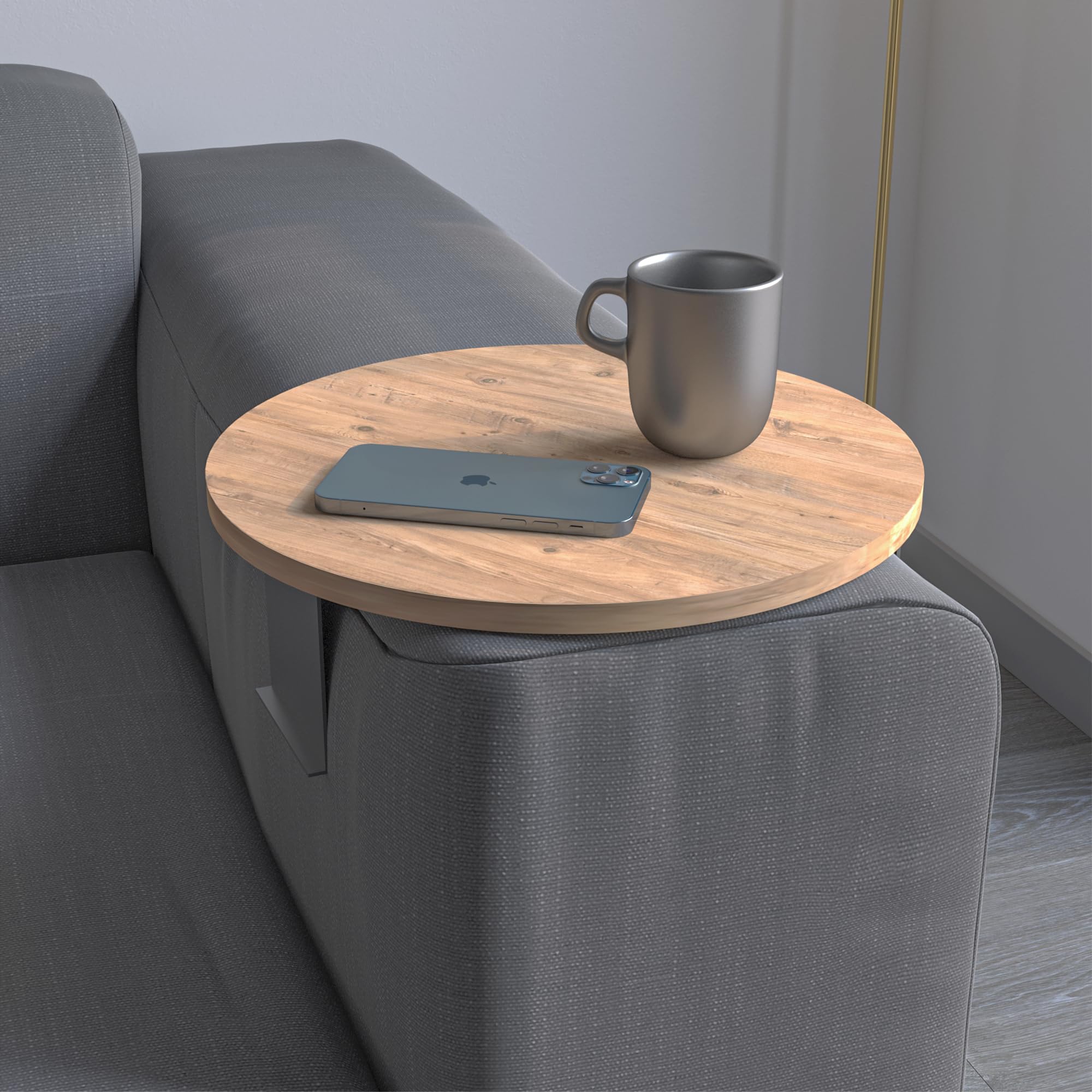 Plateau de canapé avec accoudoir, plateau de canapé réglable, porte-gobelet, design spécial, support en métal pratique, plateau de siège, diamètre 35 cm (aspect bois)