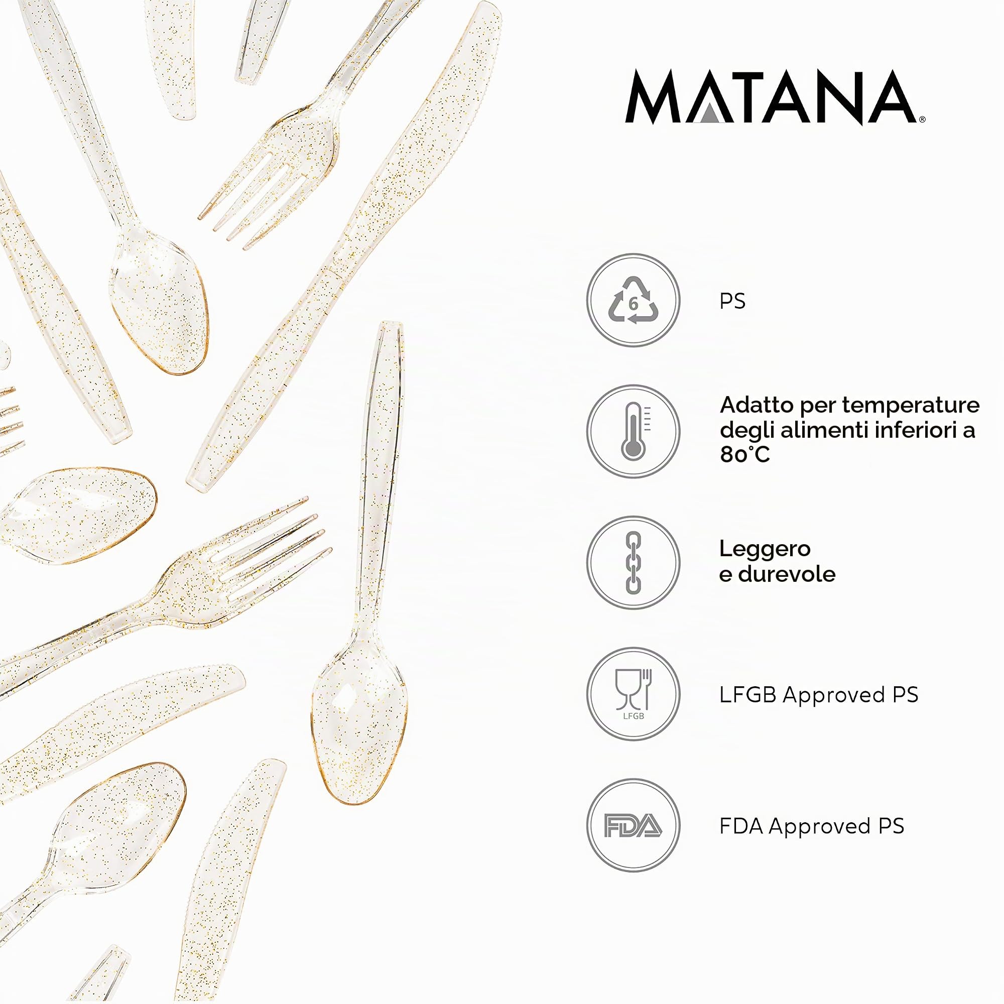 Matana 300 Posate in Plastica Trasparente con Glitter Dorati - Resistente