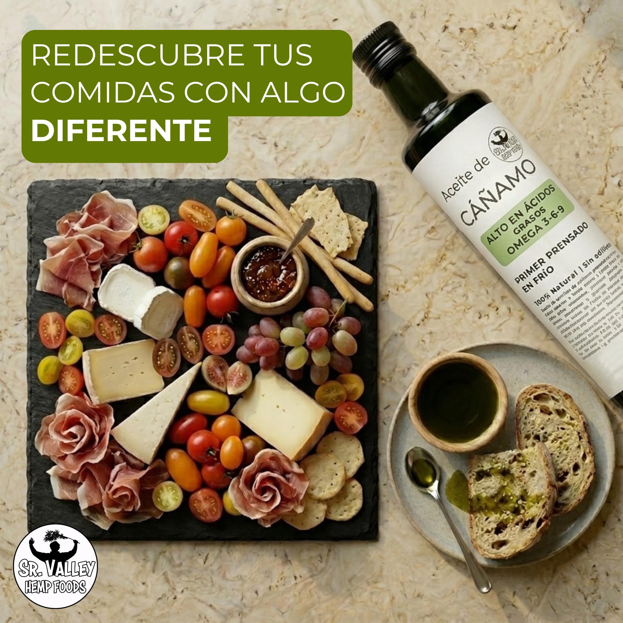 Sr Valley Aceite de Cañamo 100% Puro y Vegano | 750 ml prensado en frío | Para uso culinario y cosmético | Sin aditivos ni conservantes y con semillas no OGM
