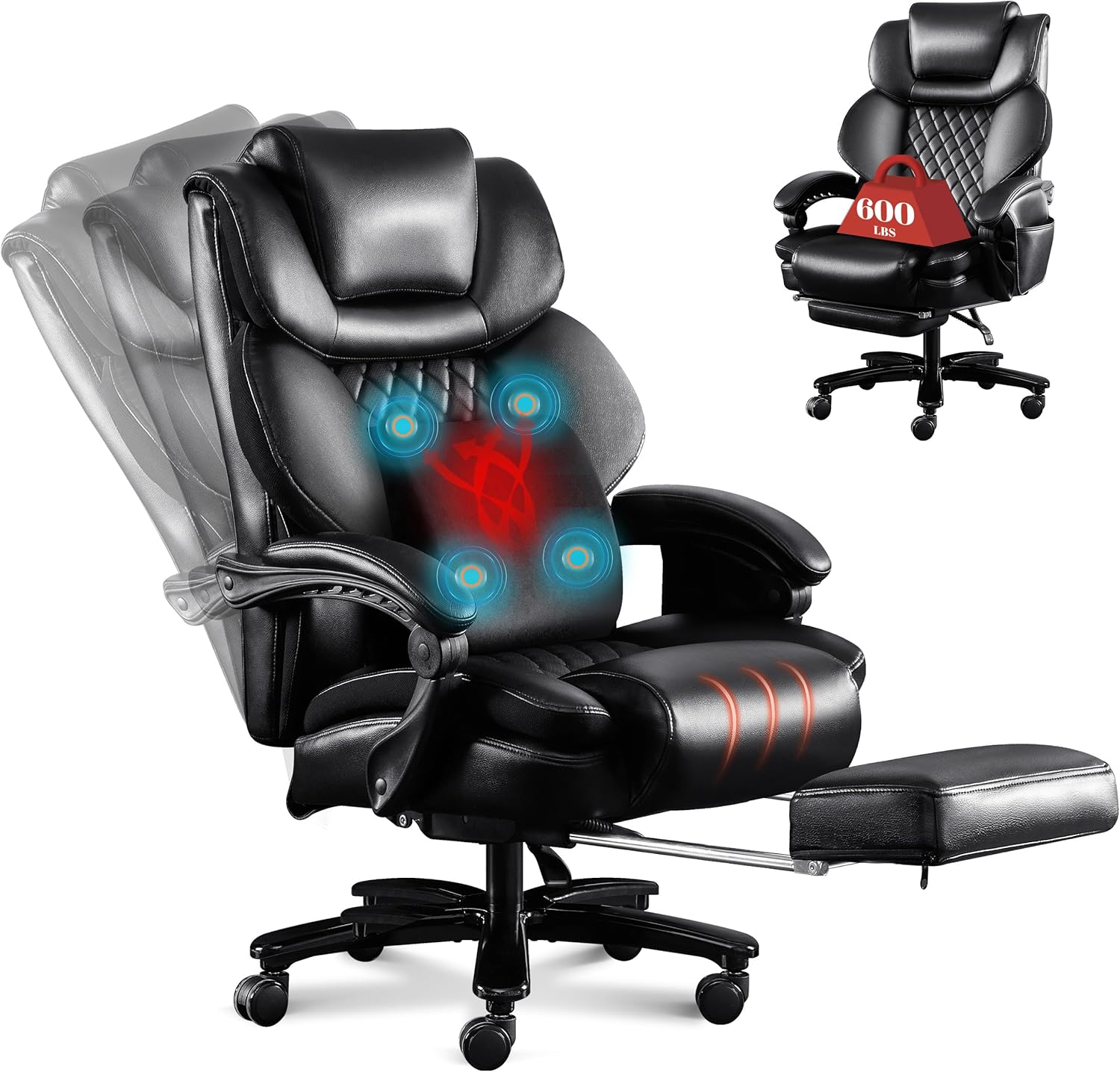 3D Kneading Massage Office Chair, Oversized 600LBS Big and Tall Executive Office Chair with Footrest, Reclining Computer Chairs, Wider Upholstered Seat Ergonomic Desk Chair for Home Office,Black
