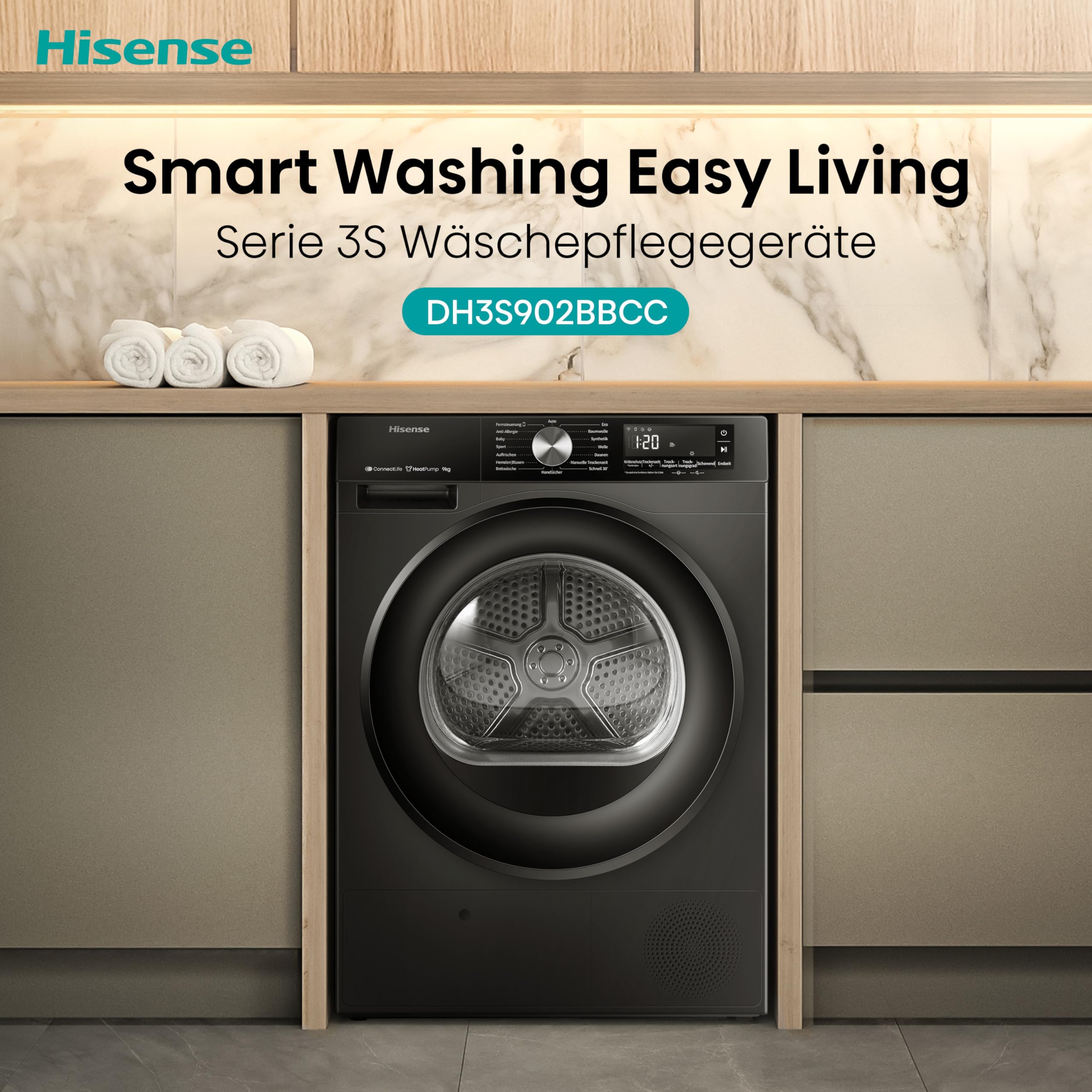 Hisense DH3S902BBCC Kondenstrockner mit Wärmepumpe / 9KG / 16 Programme/ConnectLife/Autodry/QuickDry/Allergie-Pflege/Auffrischen/TwinAir/DelayEnd/Feuchtesensor/EEK: C/Schwarz