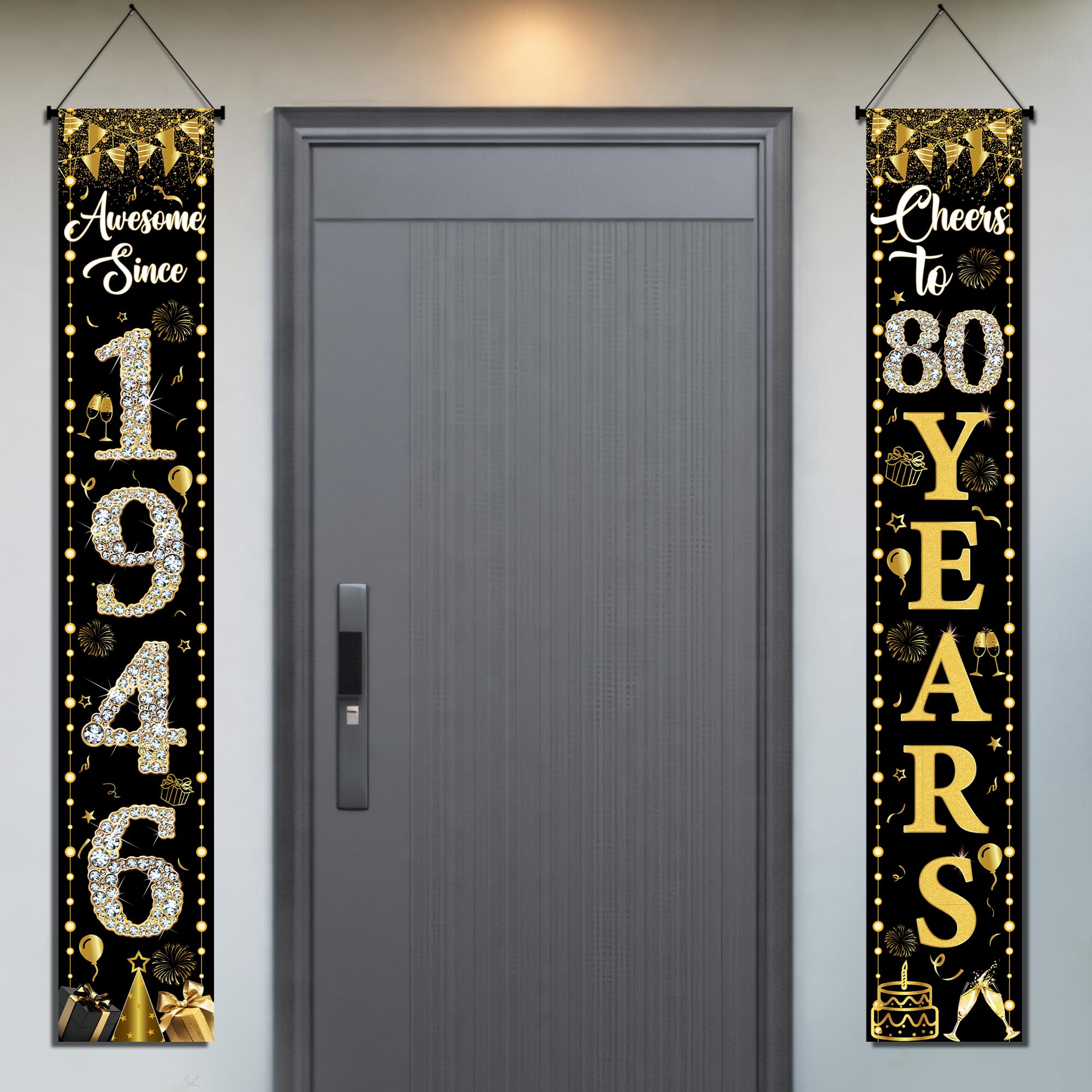 80th Birthday Decorations Door Banners - 2 Pcs Black and Gold Cheers to 80 Years Old Happy Birthday Party Door Awesome Since 1946 Porch Decoration Sign for Men Women Indoor Outdoor Decor Supplies
