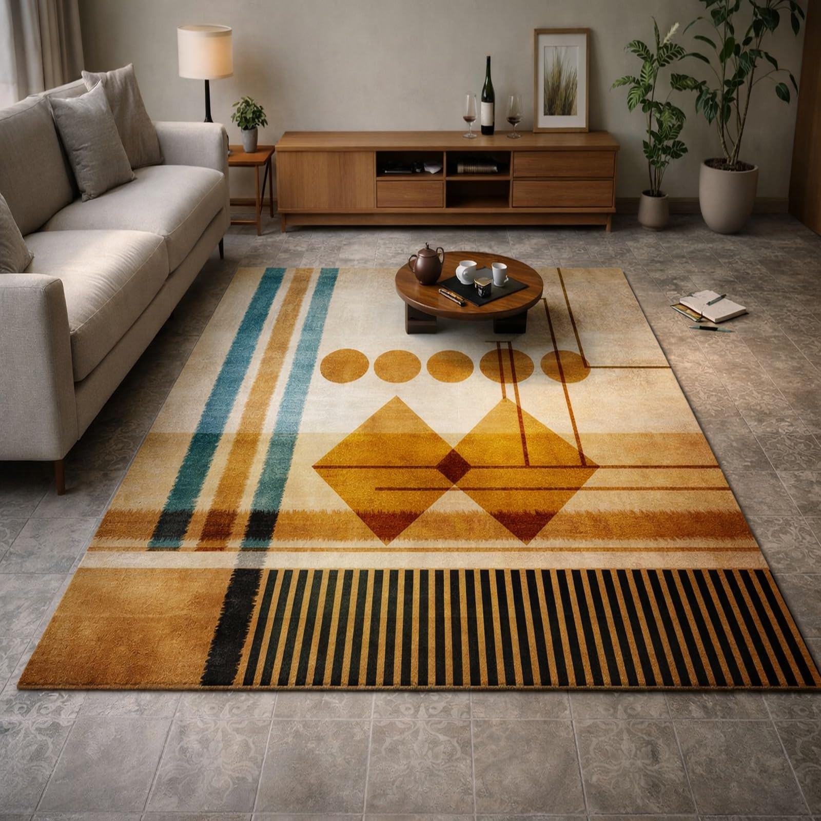 Alfombra lavable Rururug de 170 x 240 cm geométrica dorada para el salón