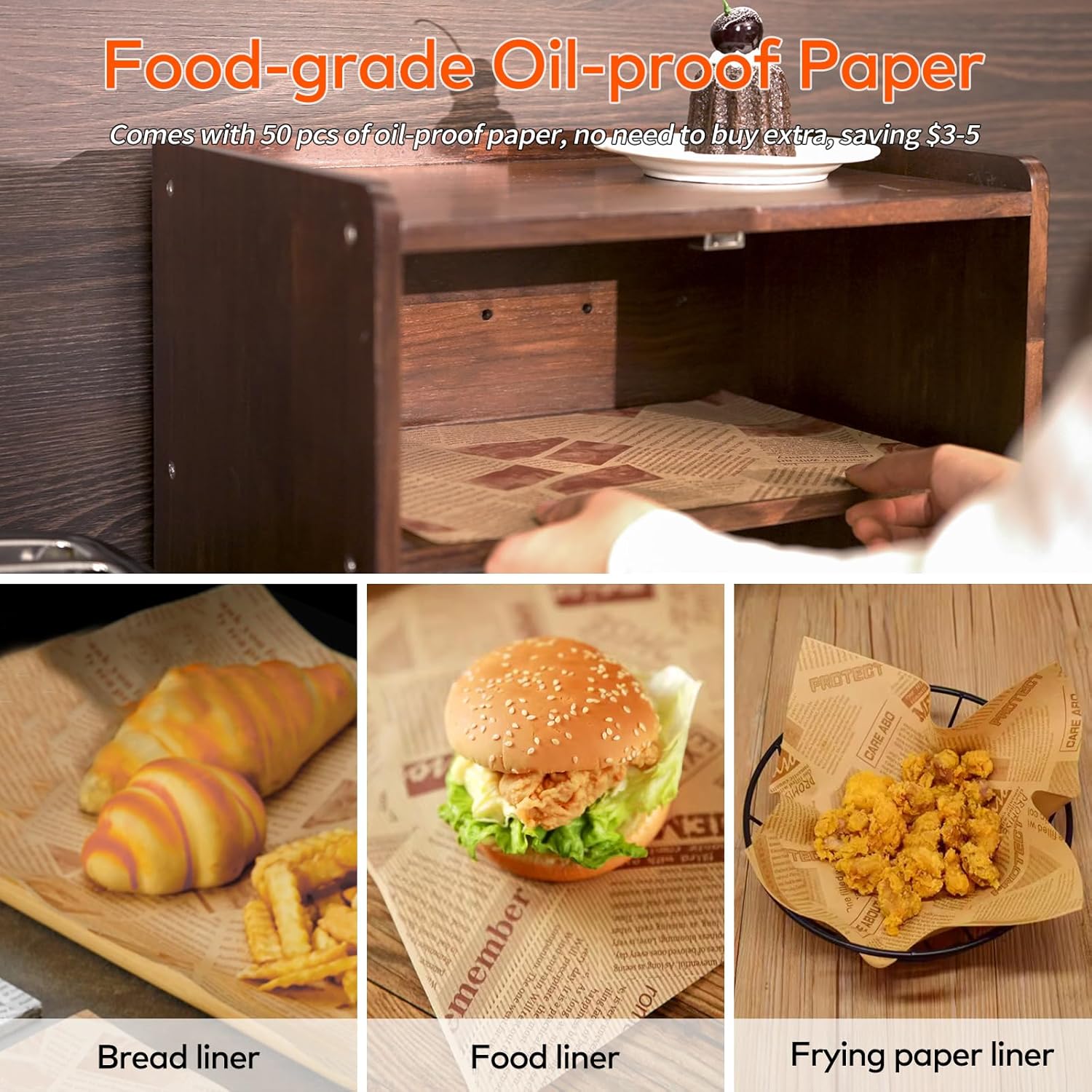 Solid Wood Bread Box for Kitchen Countertop, 2-Layer Large Capacity Wooden Breadbox Storage Bin with Acrylic Window, Farmhouse Rustic Bread Keeper, Brown (Includes 50 Deli Papers)