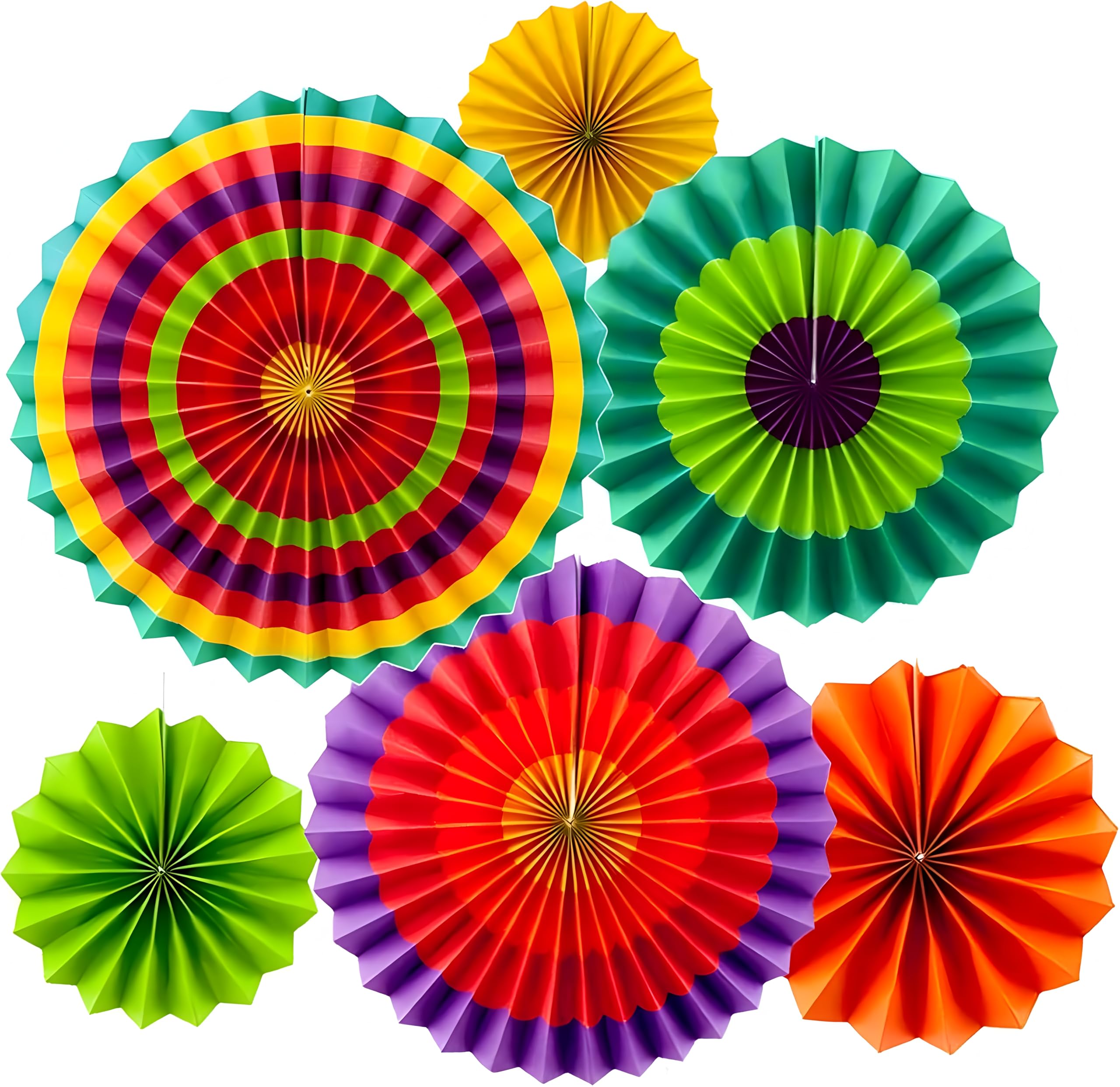 6-Pack Colorful Hanging Paper Fans - Assorted 8/12/16 Inch Fiesta Decor for Party Backdrop & Photo Booth