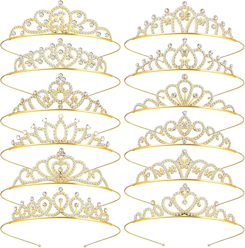 12 Pcs Crystal Crowns Headbands, Gold Princess Headband Rhinestone Bulk | Crown Queen Headband for Women Princess Hair Accessories for Birthday Party, Wedding(Random)