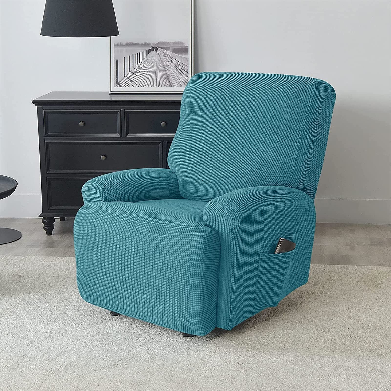 4-Pezzo Copripoltrona Relax Reclinabile Elasticizzato Jacquard Fodera per Poltrona Relax Coprisedile Poltrona Reclinabile con Tasche per Divano (Color : Blue-Green)