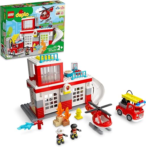 LEGO DUPLO - Estación de bomberos y helicóptero 10970, con juguete de camión Push & Go para niños pequeños, niños y niñas de 2 años grandes,