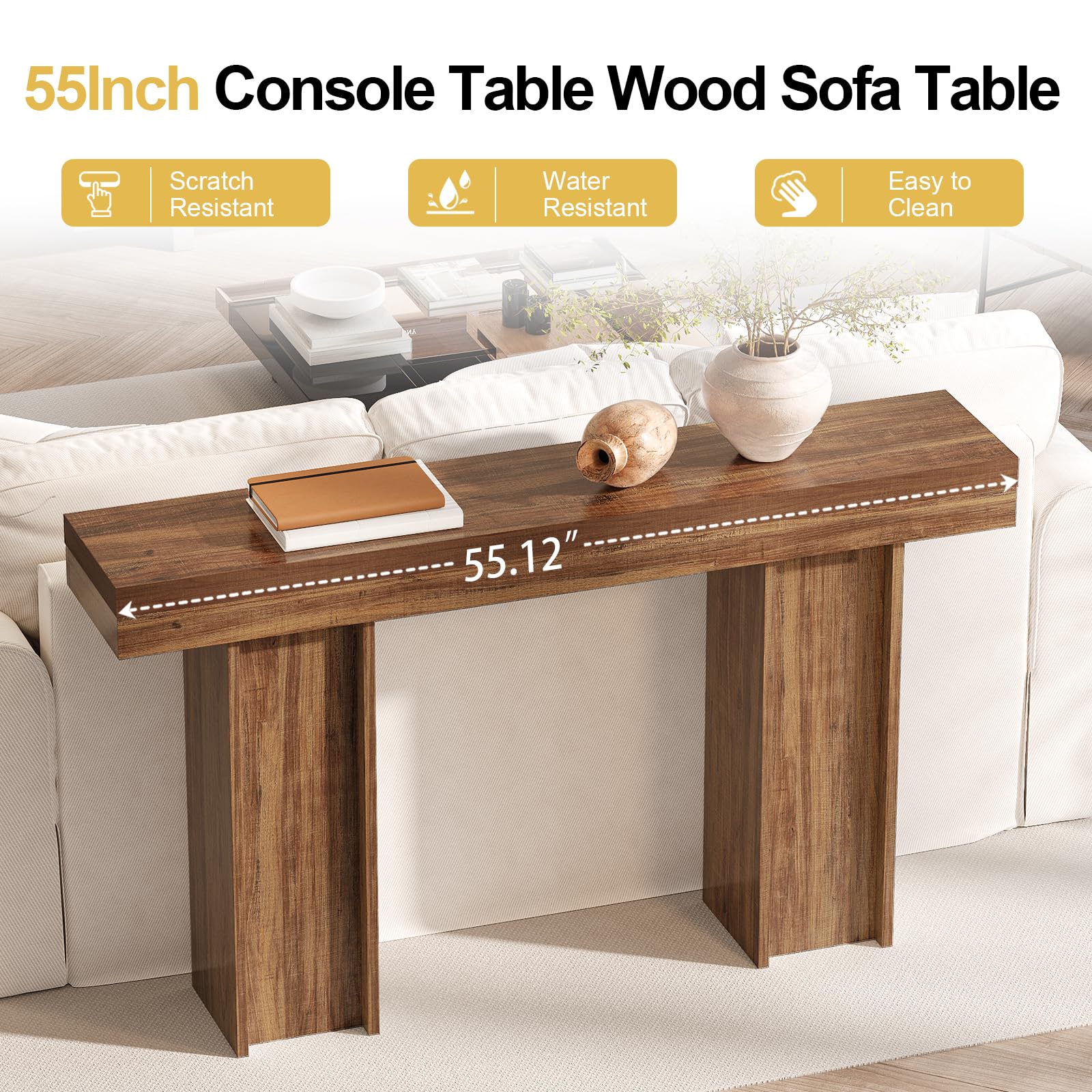 Mesa consola de granja de 55 pulgadas, mesa rectangular de madera para sofá detrás del sofá, mesa consola de entrada con almacenamiento para sala de estar, pasillo, entrada (marrón claro) 3