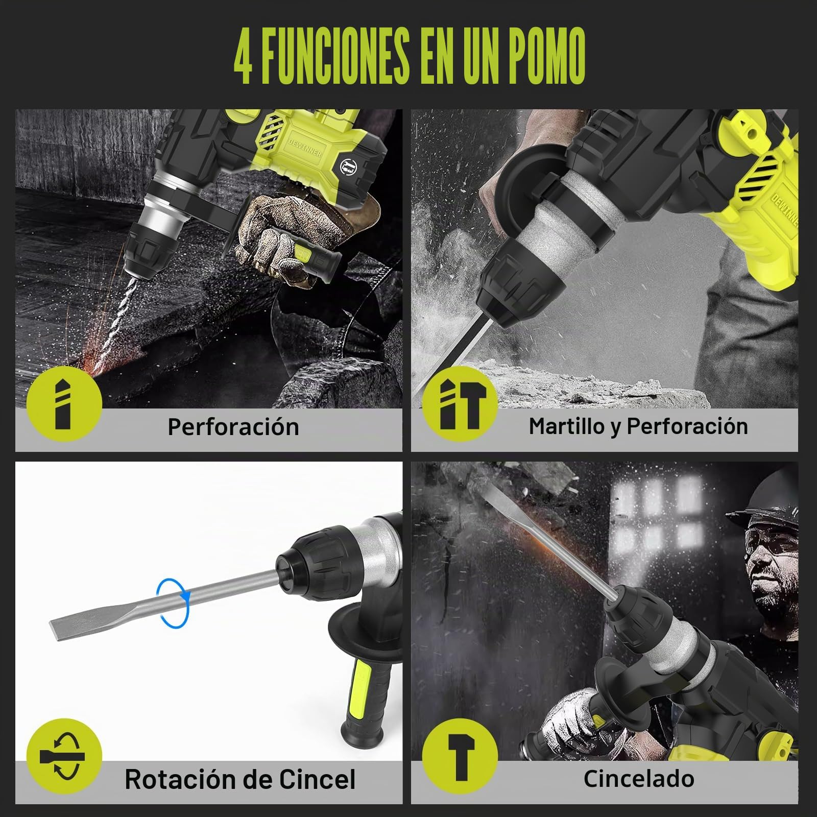 DEWINNER Martillo Percutor SDS-Plus,1500 W, 6 velocidades, 850RPM, 4400BPM, 5.5J, embrague de seguridad y tecnología antivibración, 4 funciones, incluye organizador, cincel y broca de 32mm