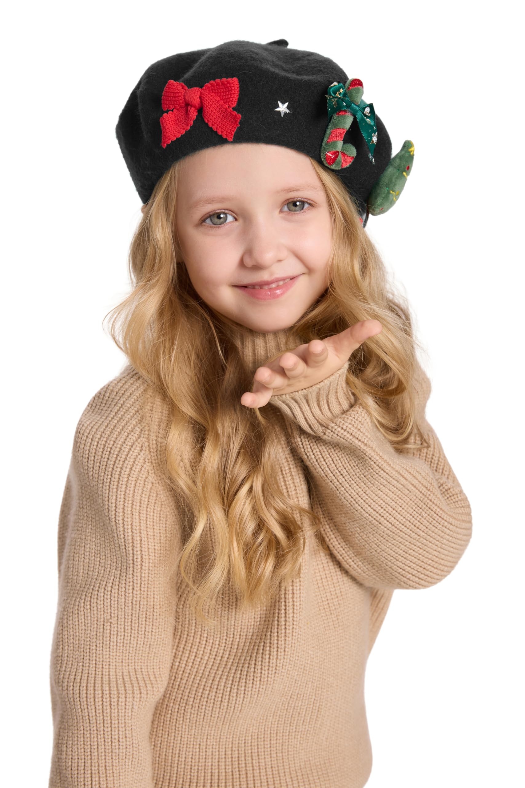 ZLYC Wool Kids Beret Hat Girls Solid Color Artist French Beret Cap(Christmas Tree Black),One Size - Image 4