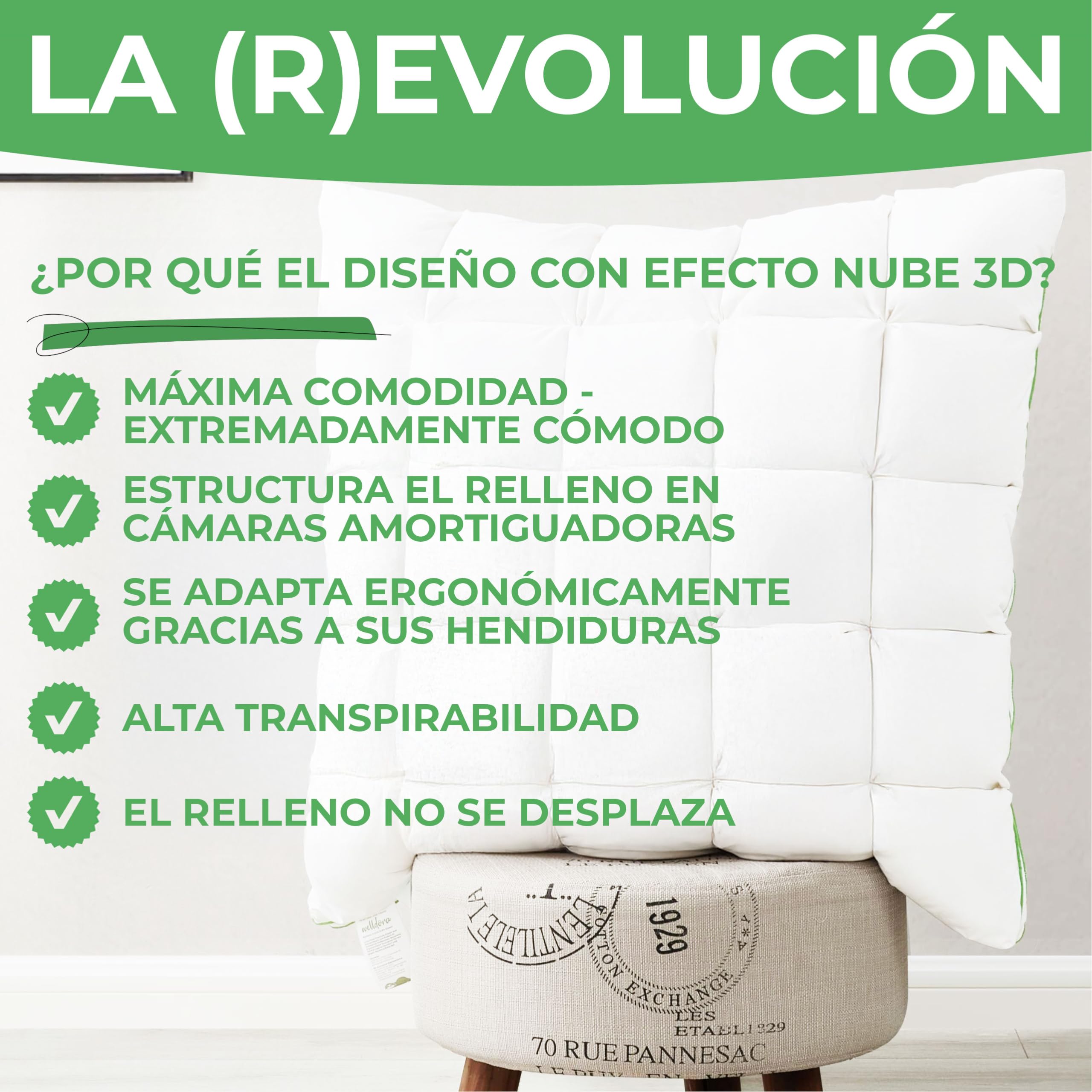 Welldora Almohada Premium 50x70 cm, 100% Fibras de plumón y Plumas, Media | Diseño de nubes para máximo confort | De lado y boca arriba | Oeko-Tex | Dermatest “Muy bueno” | Prestigiosa marca suiza
