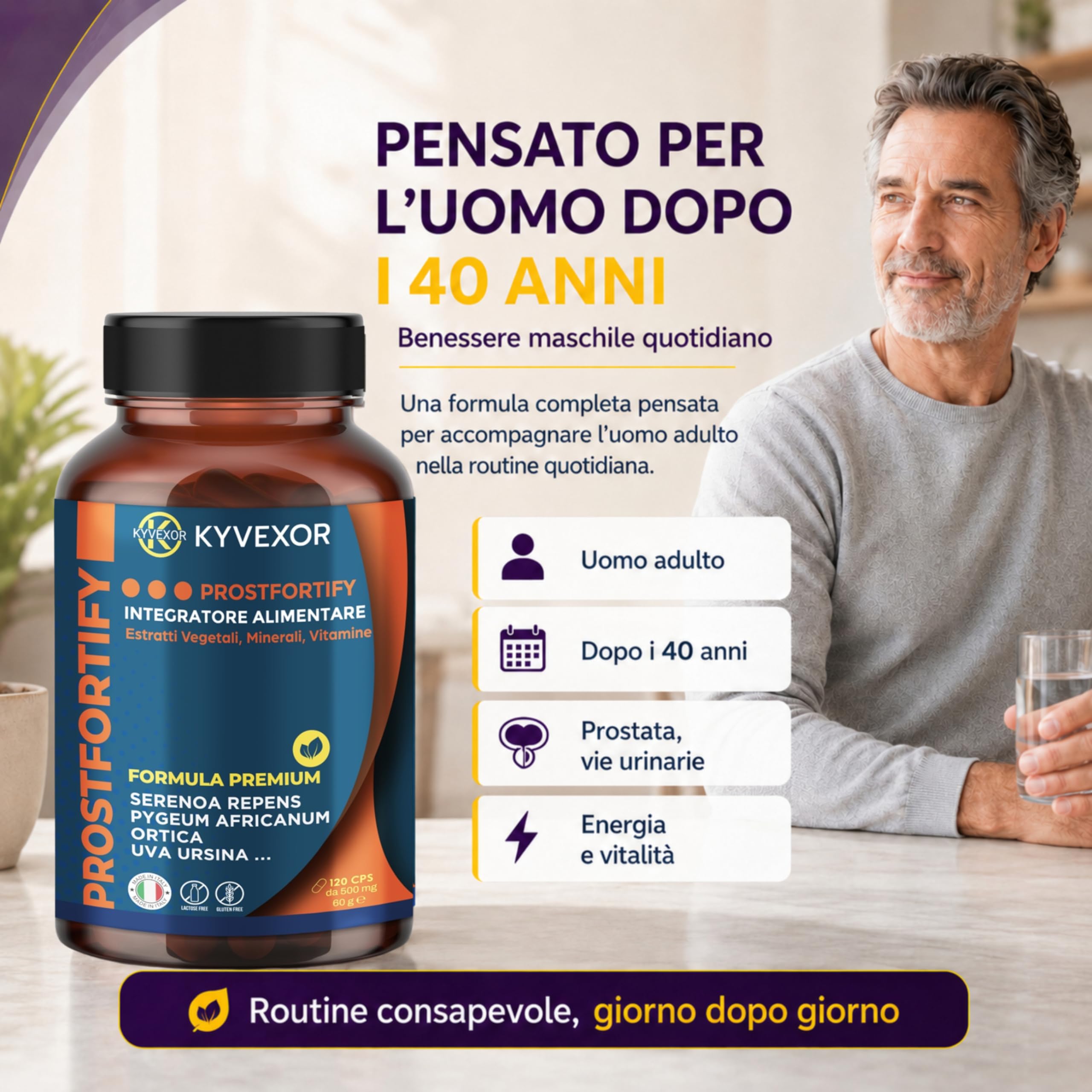 KYVEXOR ProstFortify Integratore Prostata Uomo 10 in 1 | Serenoa Repens/Saw Palmetto, Pygeum Africanum, Curcuma, Zinco, Vitamina C, D3 | Prostate Support, Benessere Prostatico e Vie Urinarie.