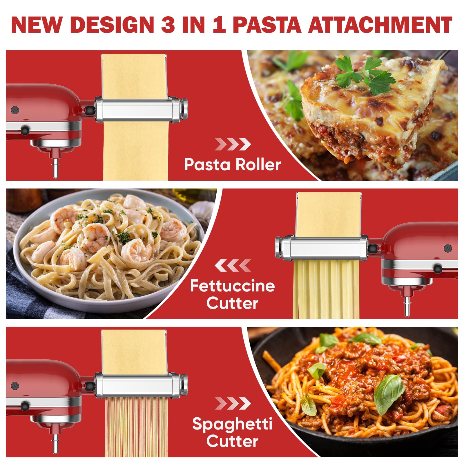 GVODE Accesorio de Pasta 3 en 1de Material Acero Inoxidable para KitchenAid Amasadora, Rodillo para Láminas, Cortador de Espaguetis y Fettuccine, con Placa Guía, 8 Ajustes de Grosor