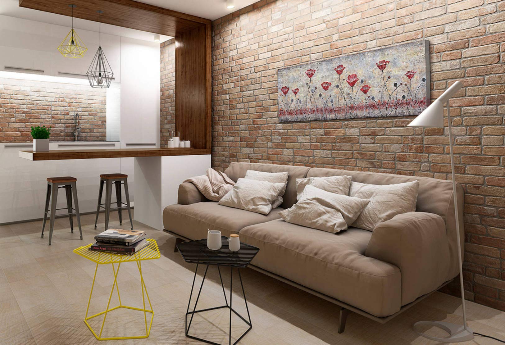 YS - Art Pittura astratta acrilica su tela papavero dipinta a mano quadri da parete soggiorno moderno decorazione per la casa design immagine marrone rosso grigio orizzontale vera arte 150 x 50 cm