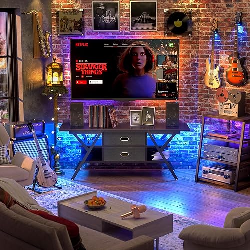 Miniatura 8 de armocity Soporte de TV para TV de 5565 pulgadas, soporte de TV LED negro con tomas de corriente para sala de estar, centro de entretenimiento de TV