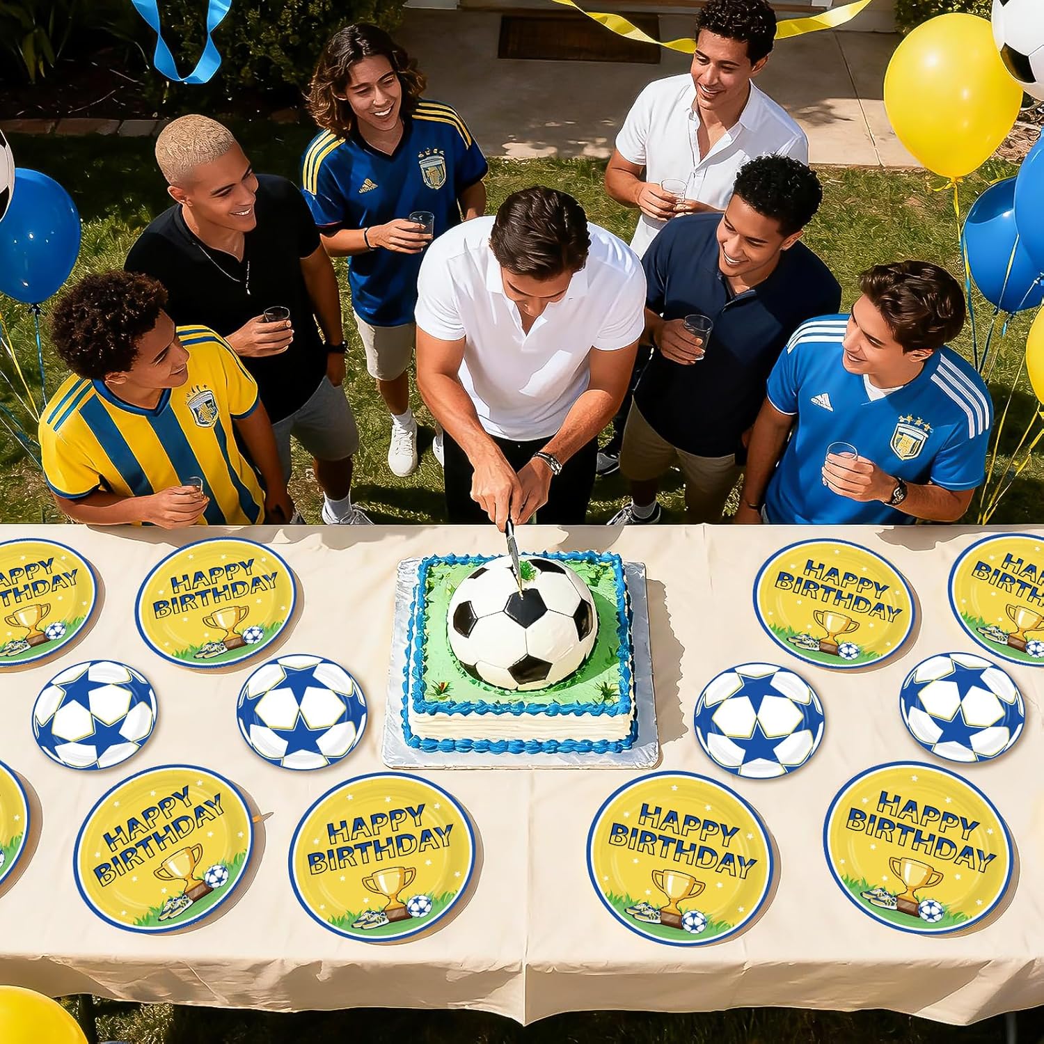 96Pcs Soccer Birthday Party Supplies Blue Yellow Football Plates and Napkins Blue Gold Soccer Star Champion Tableware Set for Football Fan Birthday Baby Shower Sport Party Supplies Serves 24 - Image 8
