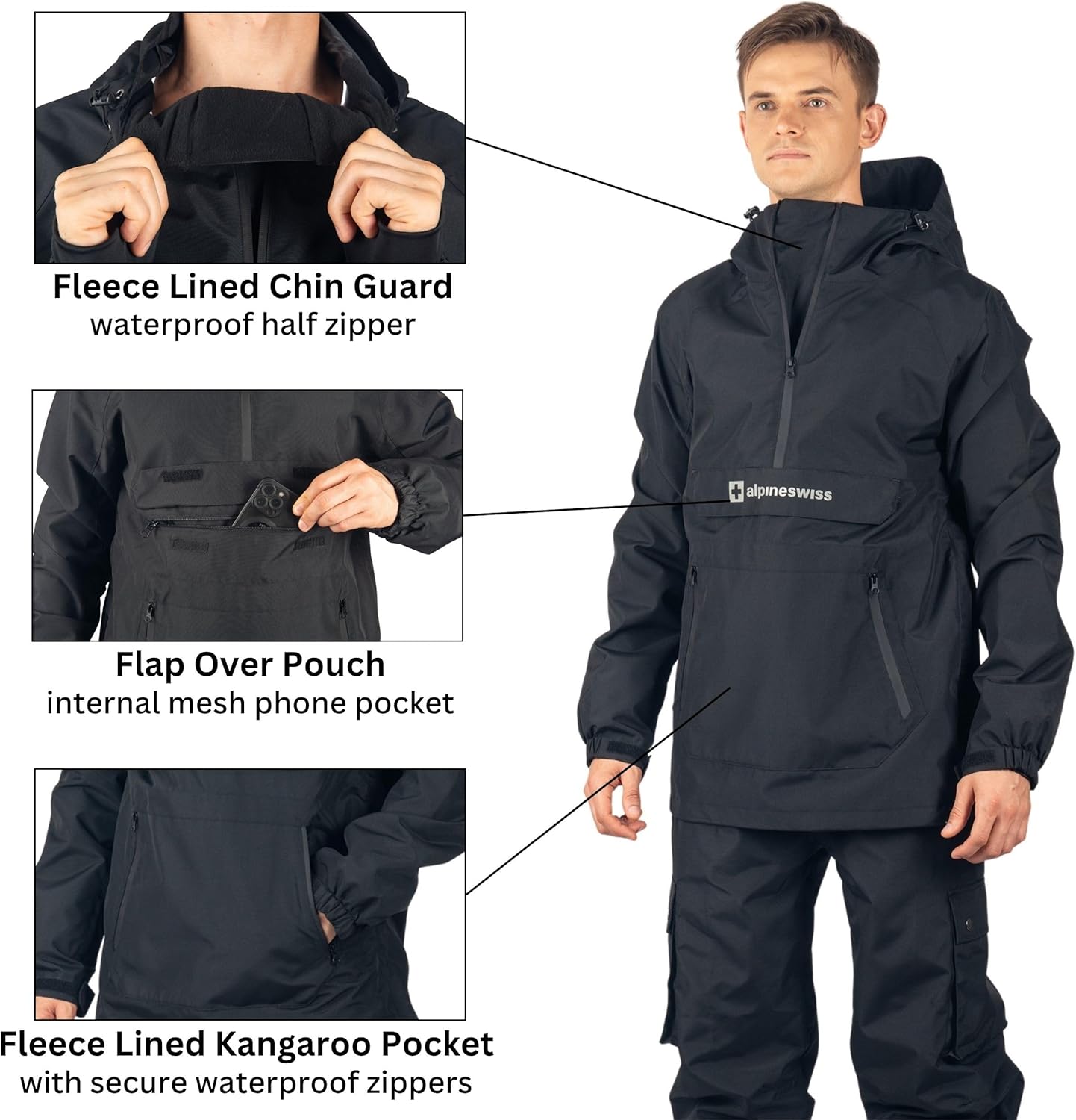 Alpine Swiss Mens Snowboard Jacket 10K Waterproof Hooded Ski Shell Anorak Breathable Windproof Pullover Winter Sport Coat - Image 5