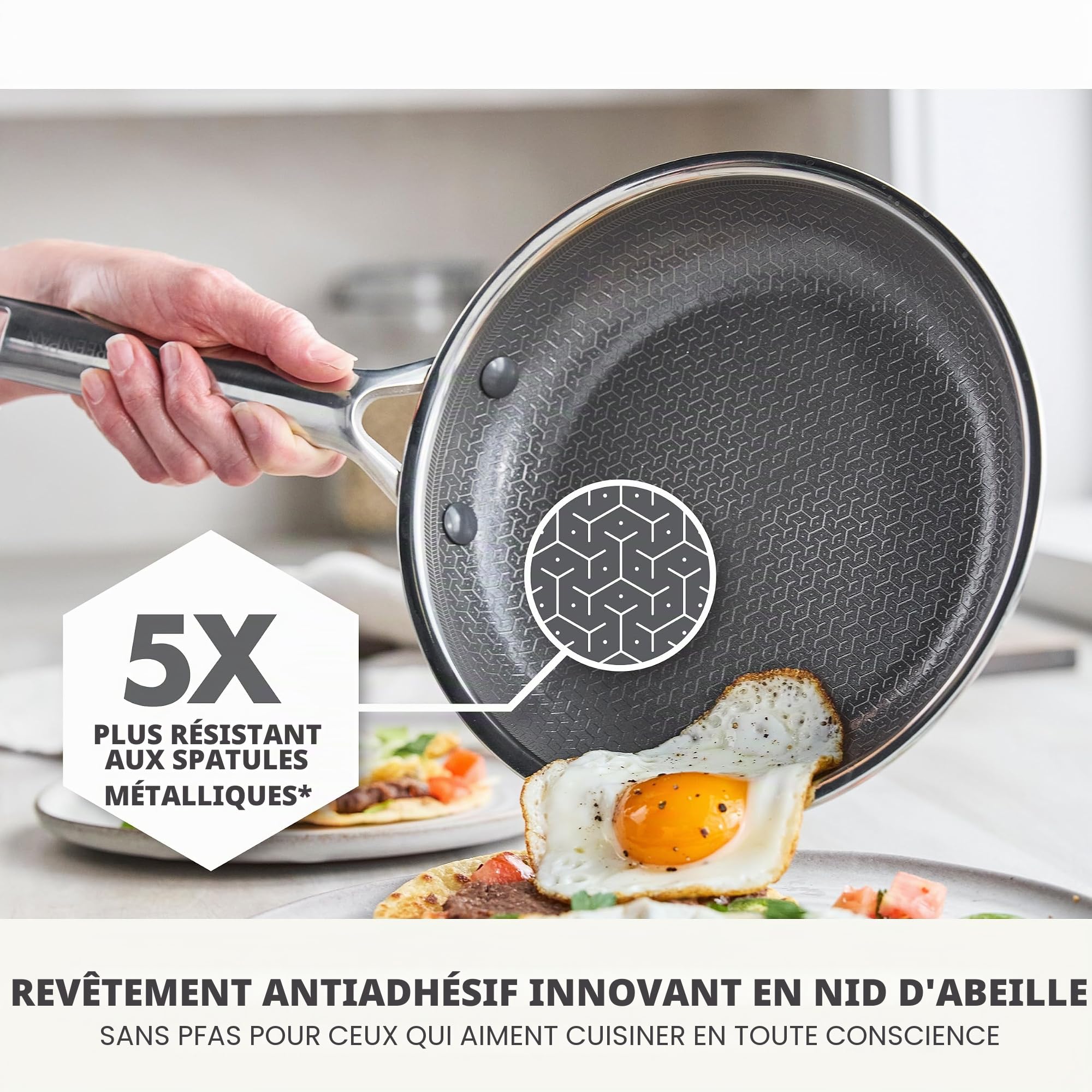 GreenPan Poêle hybride en acier inoxydable anti-adhésif de 24 cm APEX Tri-Ply Thermobond PFAS en céramique, compatible avec les plaques à induction, passe au four jusqu'à 220 °C, passe au