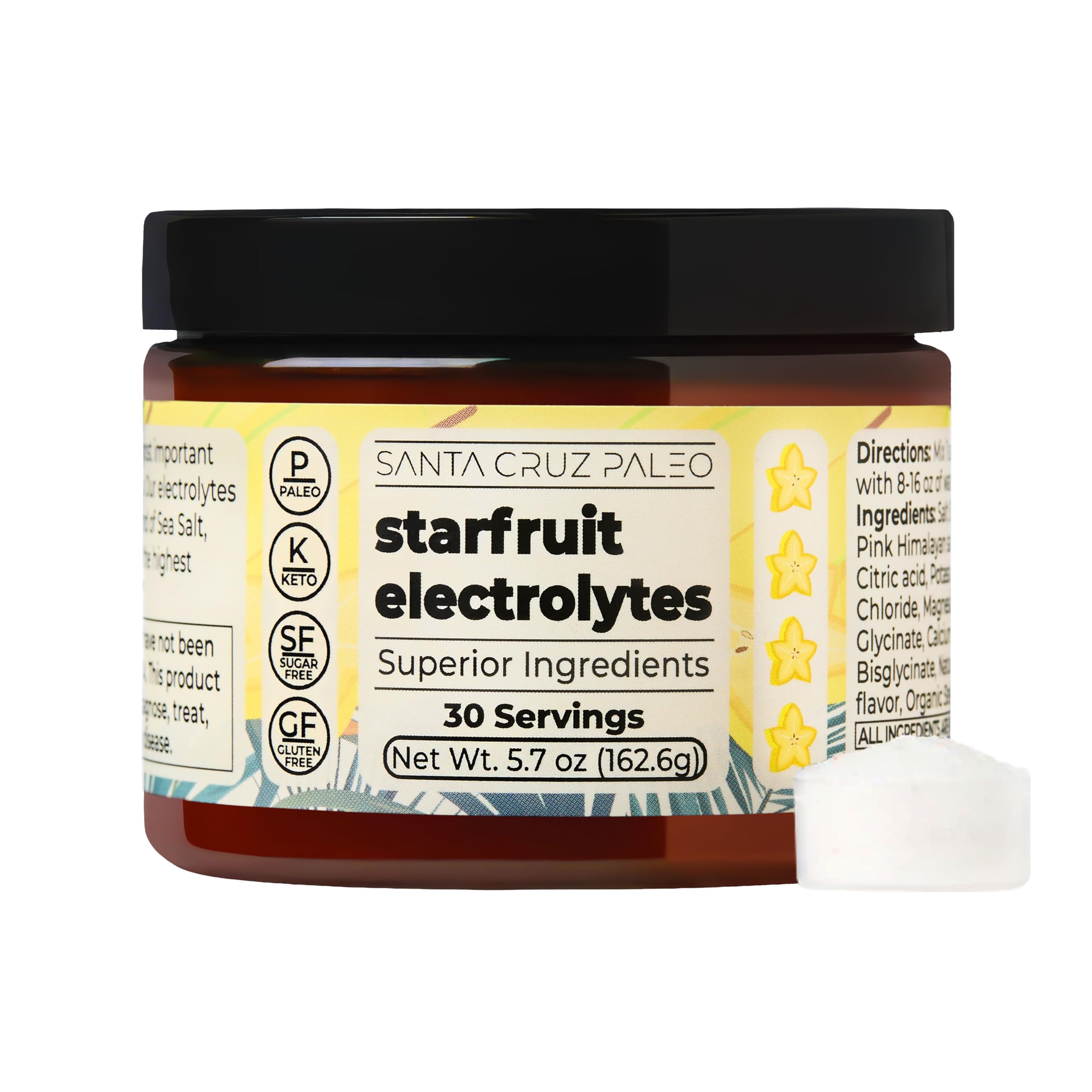Electrolyte Powder, Starfruit Flavor, Sugar Free Hydration Drink Mix with Himalayan Pink Salt, Sea Salt, Magnesium Glycinate, Potassium Chloride, Sweetened with Stevia, 30 Servings