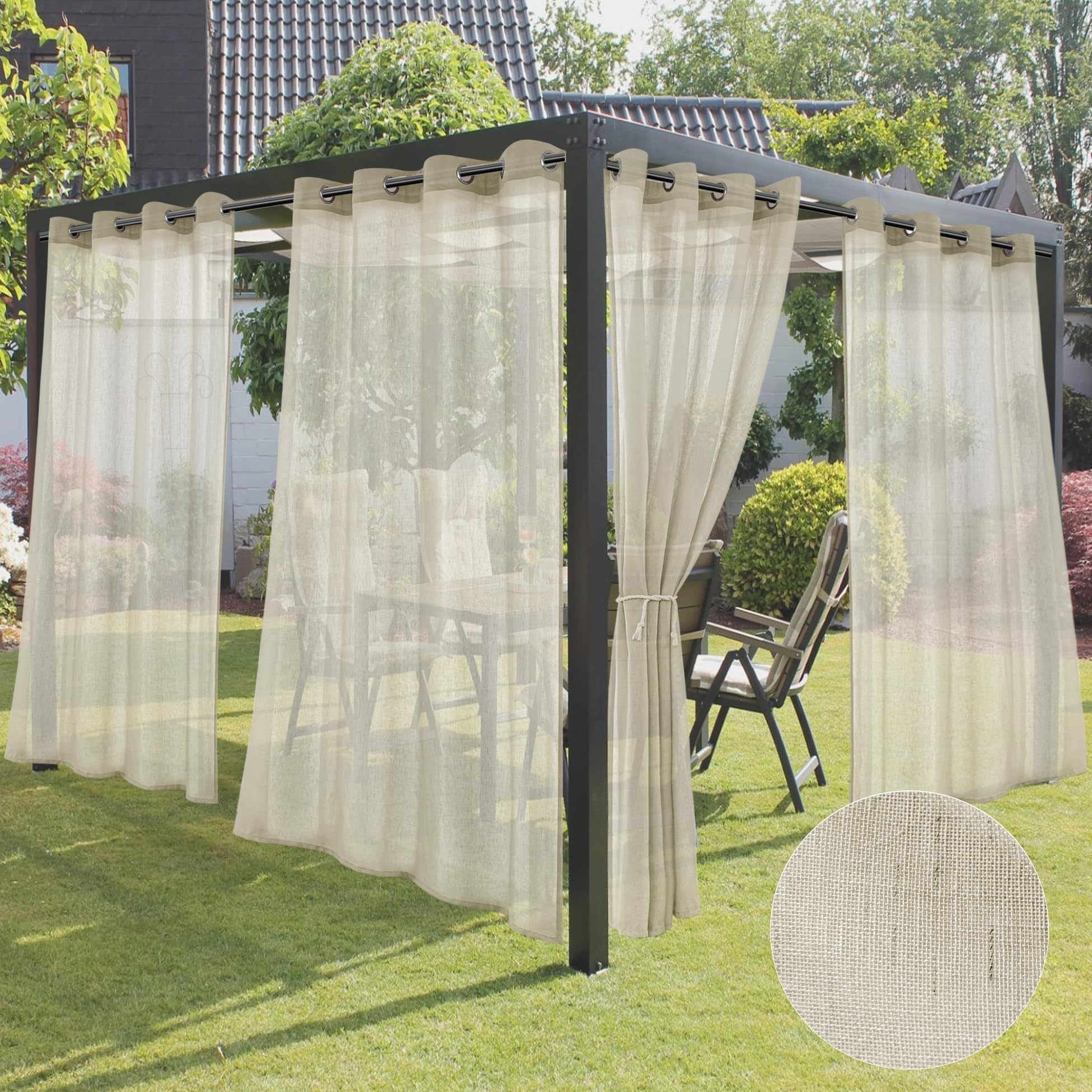 HolidayIdeas 4 Panels Outdoor Curtains for Patio-Natural Linen Semi Sheer Curtains for Patio Waterproof, Privacy Sun Light Indoor Outside Drapes for