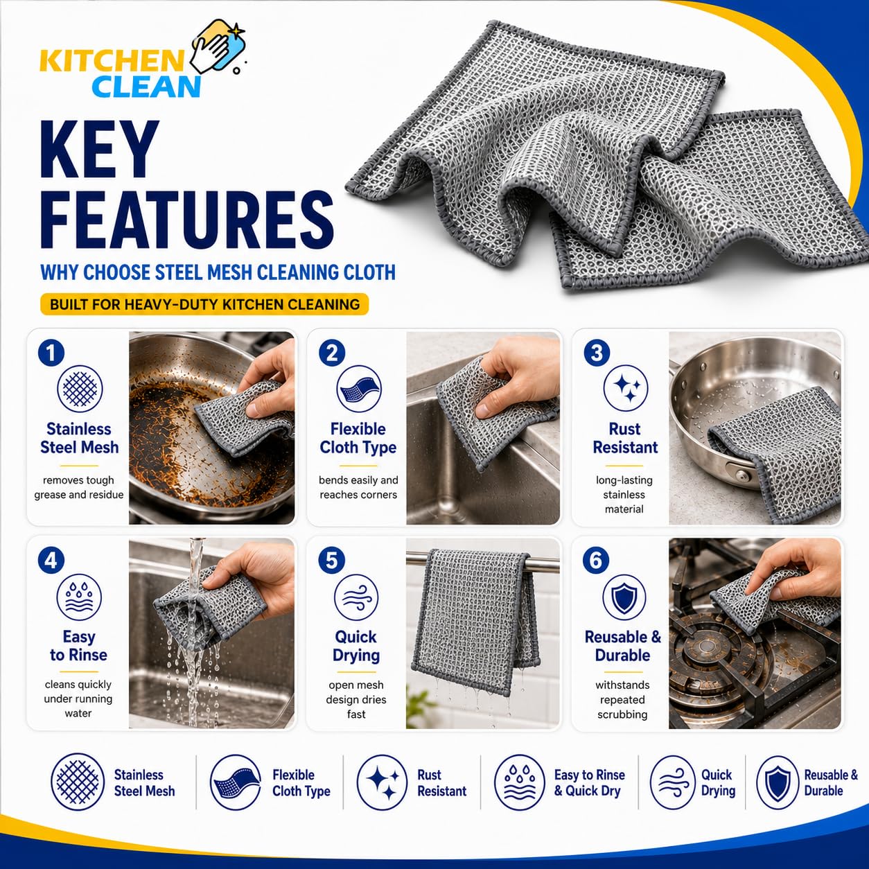 Kitchen Clean™ 15 Pcs Multipurpose Steel Wire Dishwashing Rags | Latest Safe on Hands Scrub Cloth | Kitchen Cleaning Juna | Steel Juna for Vessels Sink Cleaning Mirco Oven Stove Cleaning (Pack of 15) 3