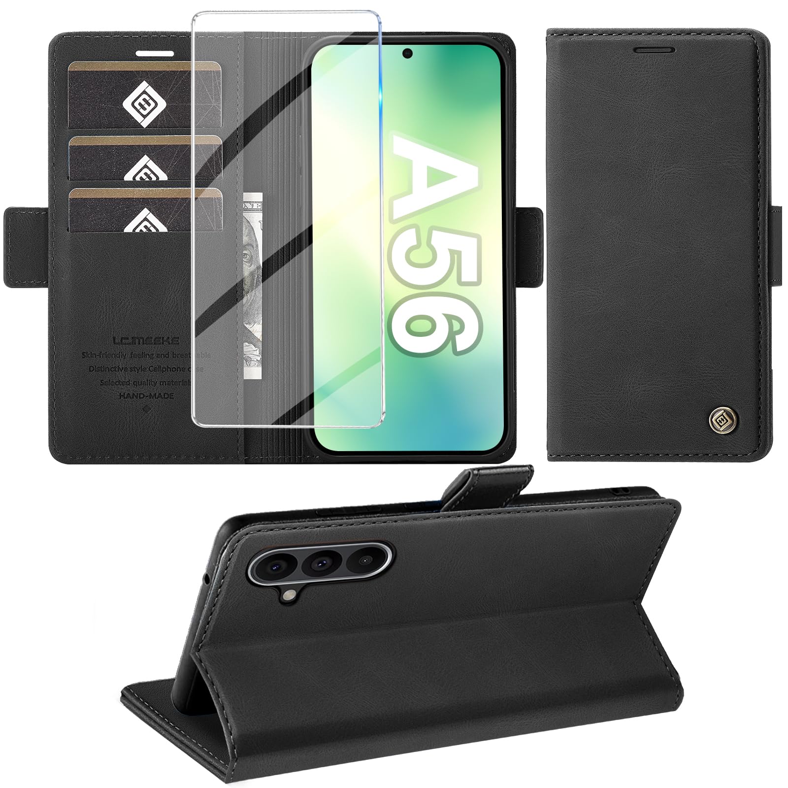 Giyer Handyhülle für Samsung Galaxy A56 5G Hülle mit Schutzfolie, Schutzhülle Galaxy A56 5G PU Leder Wallet Flip Case Standfunktion Kartenfach Klapphülle für Samsung A56 5G Cover Tasche (Schwarz)