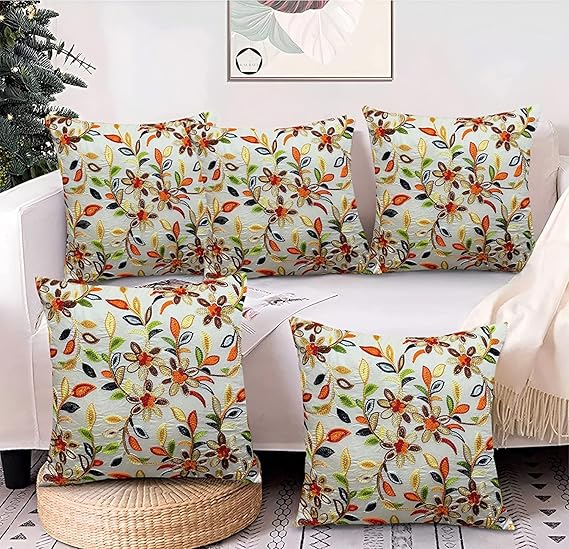 CASA-NEST Cotton Embroidery Set of 5 pc Cushion Cover, Size 16x16 Bright Color Cushion Cover, Cover for Room/Kids Room/Drawing Room Cushion/Decorative Cushion Cover (Ivory)