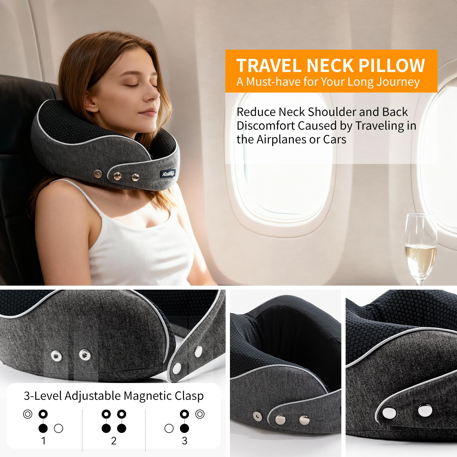 Memory Foam Reisekissen, Nackenkissen Flugzeug & Auto, 360° Support Memory Foam Reisekissen Verstellbar, ideal zum Schlafen im Flugzeug, Auto, Zug, Ergonomisches Nackenhörnchen Erwachsene