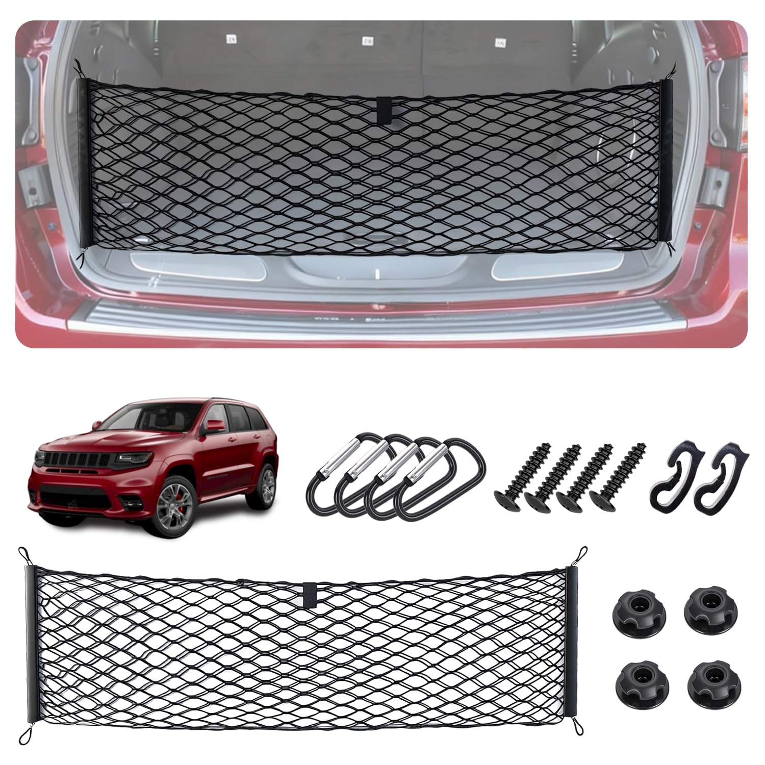 Envelope Style Cargo Net for 2011-2021 Jeep Grand Cherokee Accessories, Rear Trunk SUV Mesh Cargo Net, Upgraded 5mm Bungee &amp; Double-Layer Nylon Storage Tailgate Netting Grocery&amp;Tools Holder Organizer