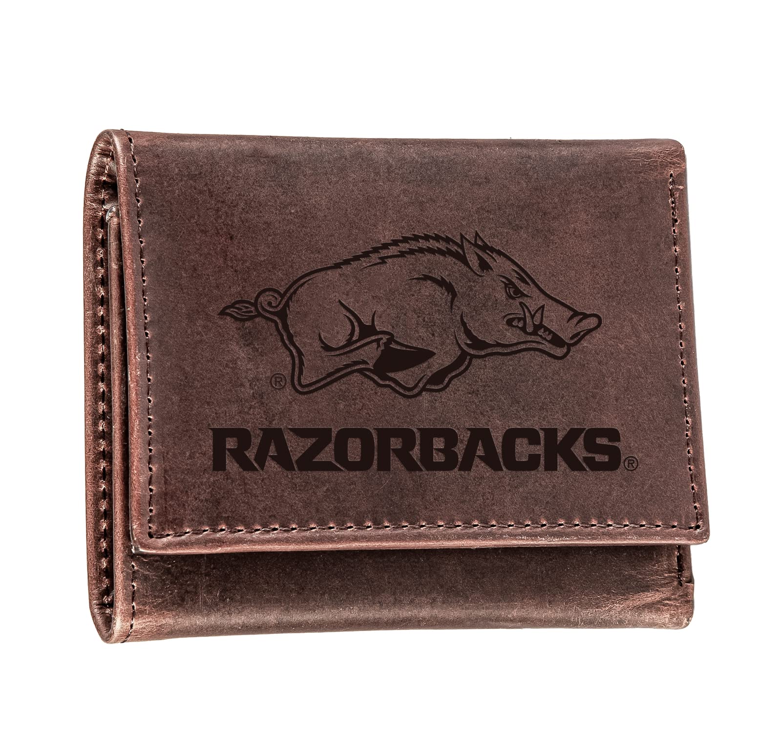 Team Sports America NCAA University of Arkansas Brown Wallet | Tri-Fold | Officially Licensed Stamped Logo | Made of Leather | Money and Card Organizer | Gift Box Included